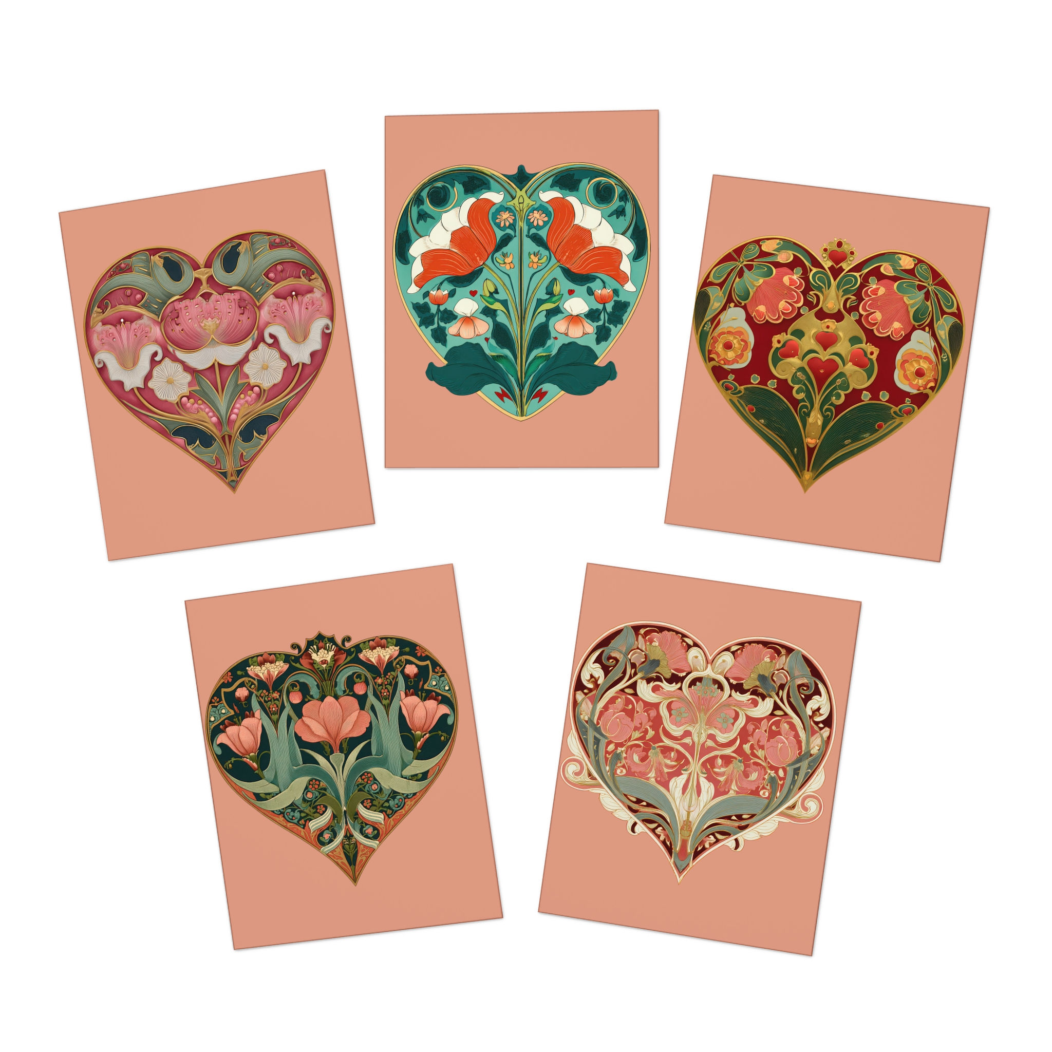 Floral Heart Greeting Cards — 5-Pack Blank Note Cards (Vintage Botanical Hearts)