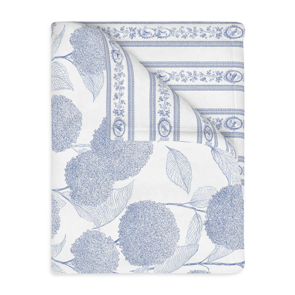 Thumbnail: Blue Floral Velveteen Throw Blanket — Reversible Striped & Blossom 