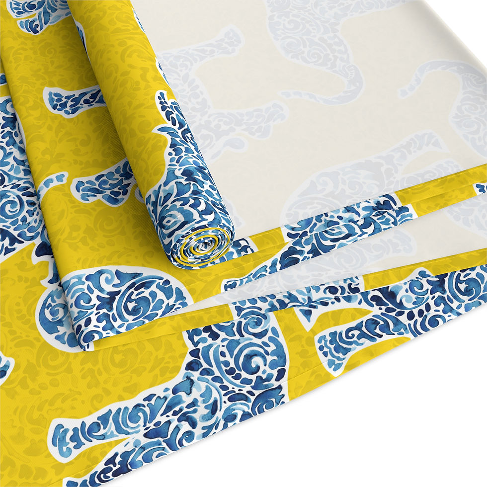 Thumbnail: Blue Elephant Pattern Table Runner — Yellow Cotton-Blend Dining Decor
