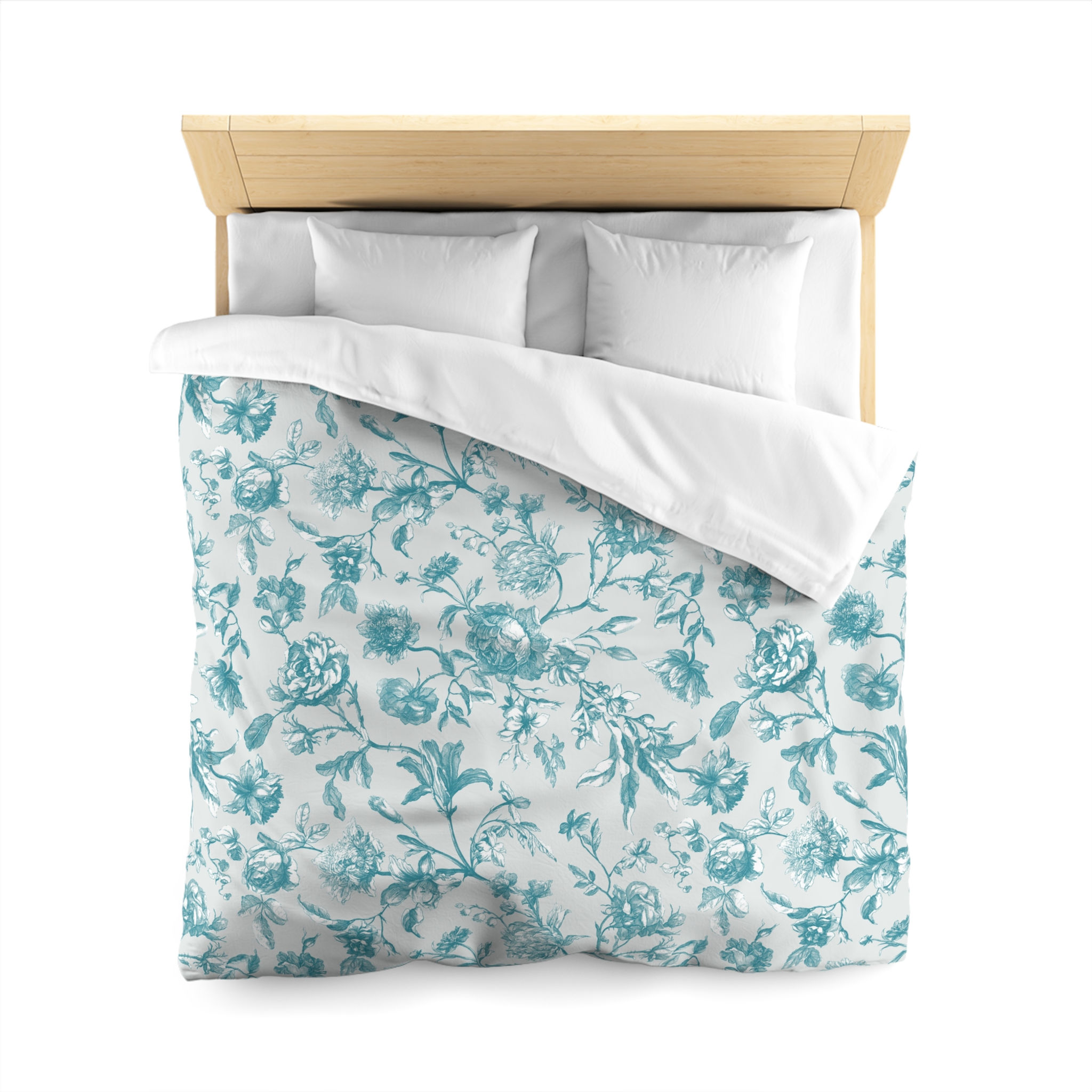 Teal Floral Microfiber Duvet Cover — Vintage Botanical Pattern