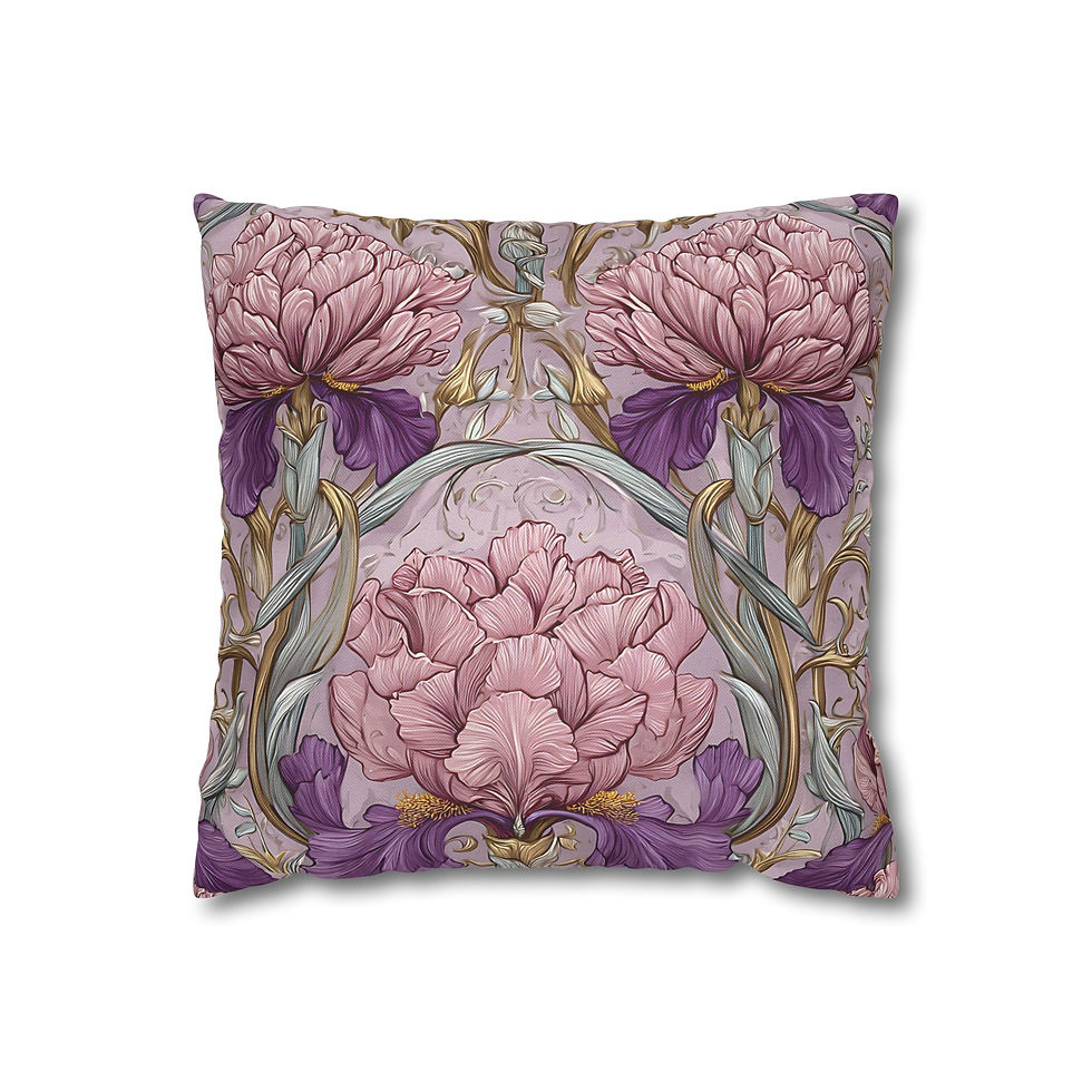 Thumbnail: Art Nouveau Floral Pillowcase — Pink Peony & Iris Decorative Square Pillow