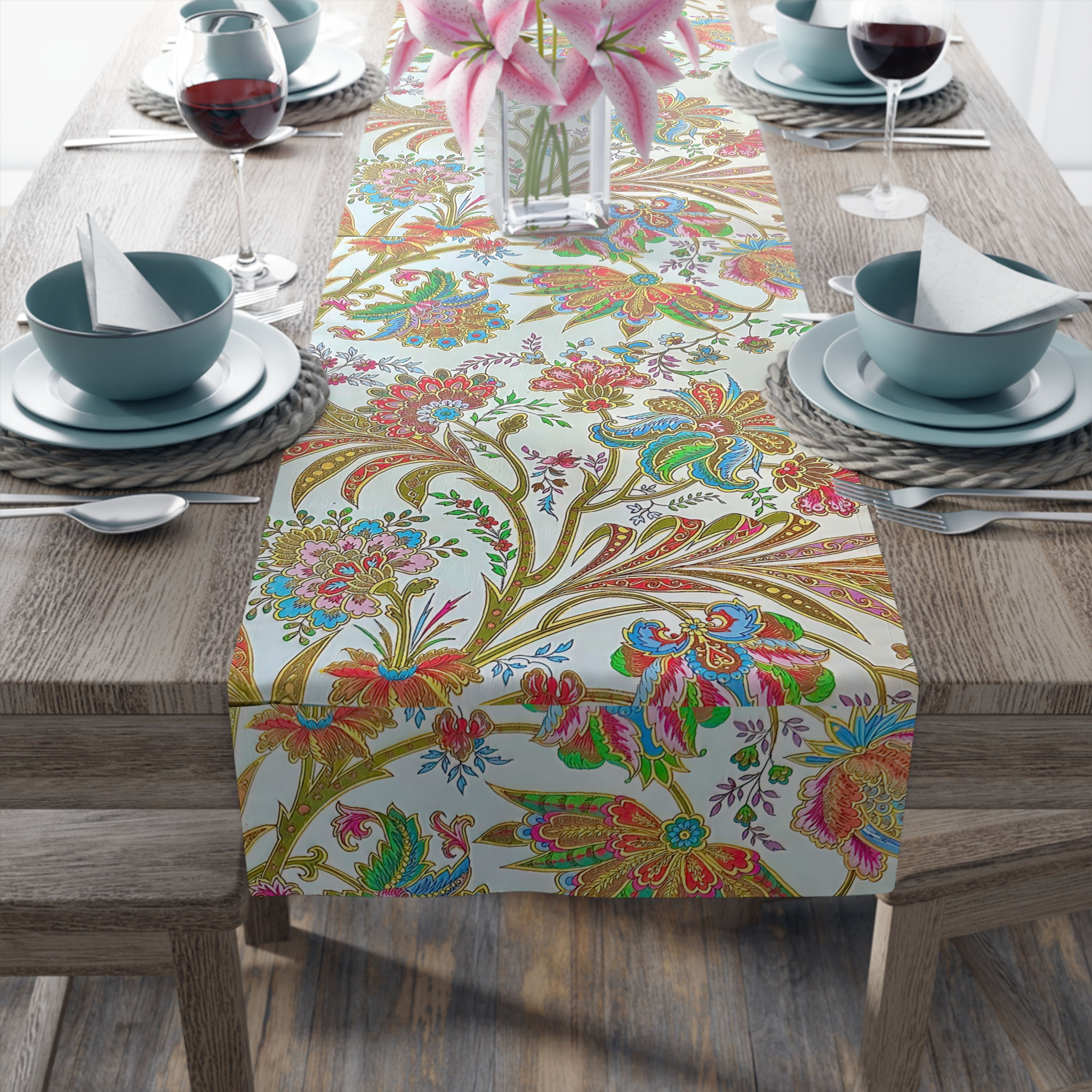 Renaissance Elegant Blue Floral Table Runner