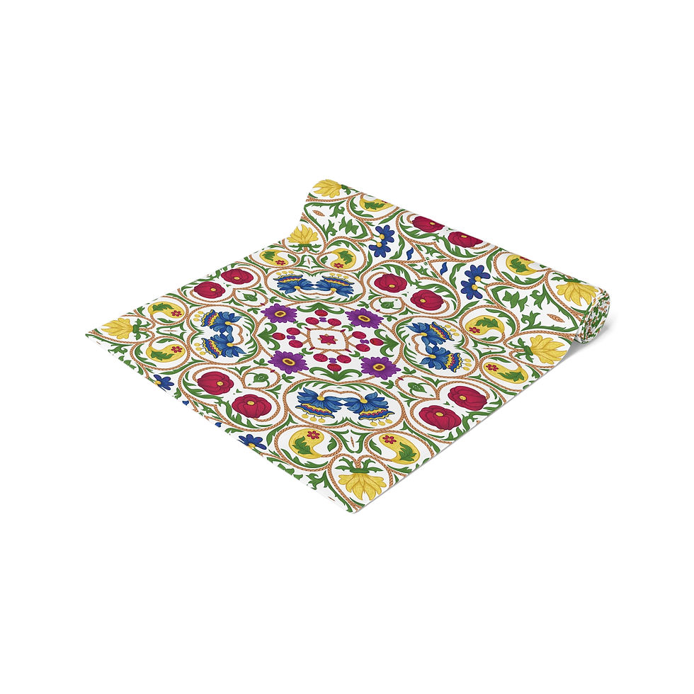 Thumbnail: Mediterranean Tile Floral Table Runner — Colorful Boho Cotton-Poly Dining Decor