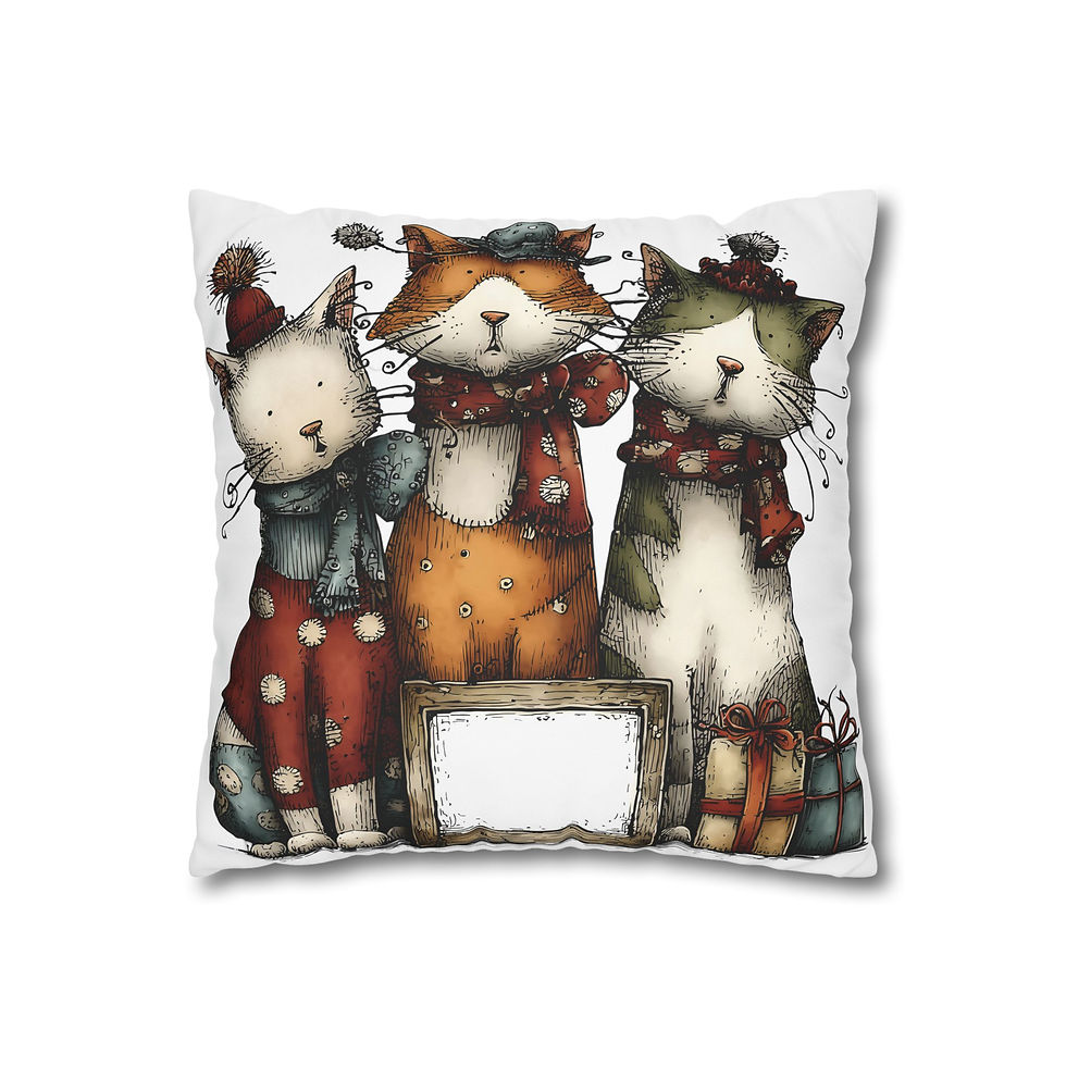 Thumbnail: Cat Trio Square Canvas Pillowcase — Whimsical Holiday Cats Throw Pillow Cover
