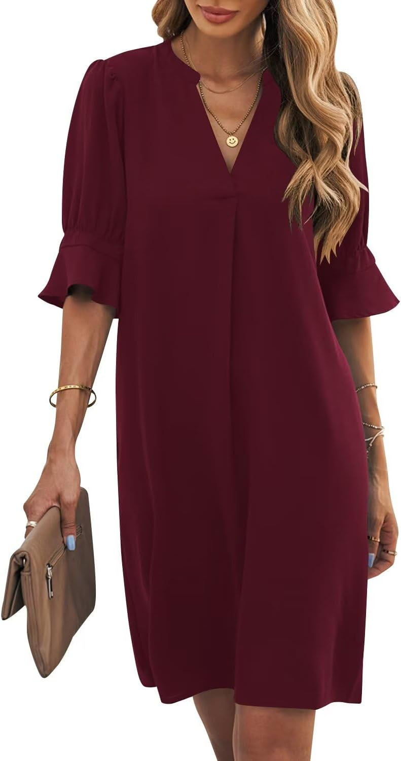 Thumbnail: Shift Dress for Women V Neck Short Sleeves Solid Color Casual Flowy Summer Dres