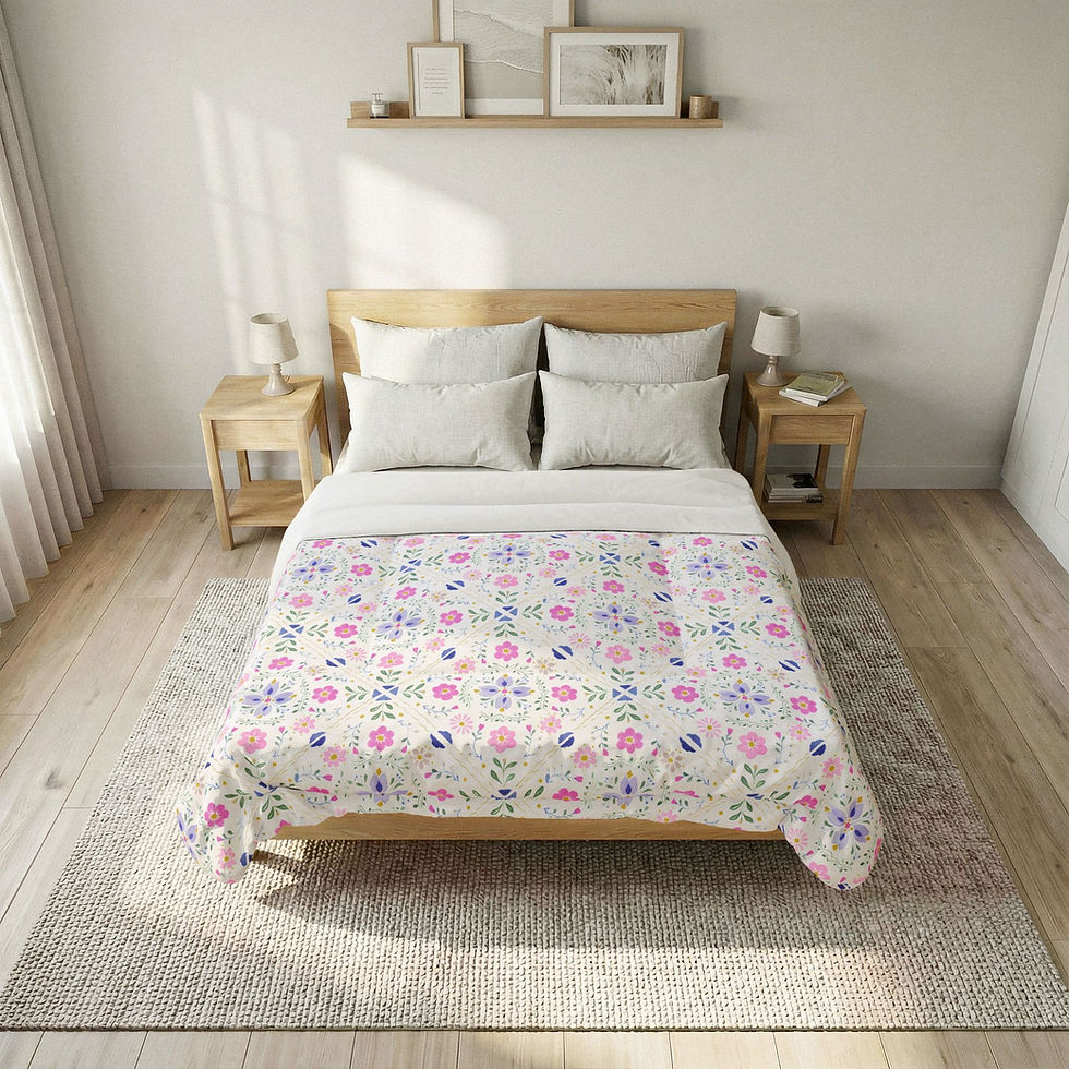 Thumbnail: Floral Mosaic Cotton Comforter — Pastel Pink & Lavender Garden Quilt