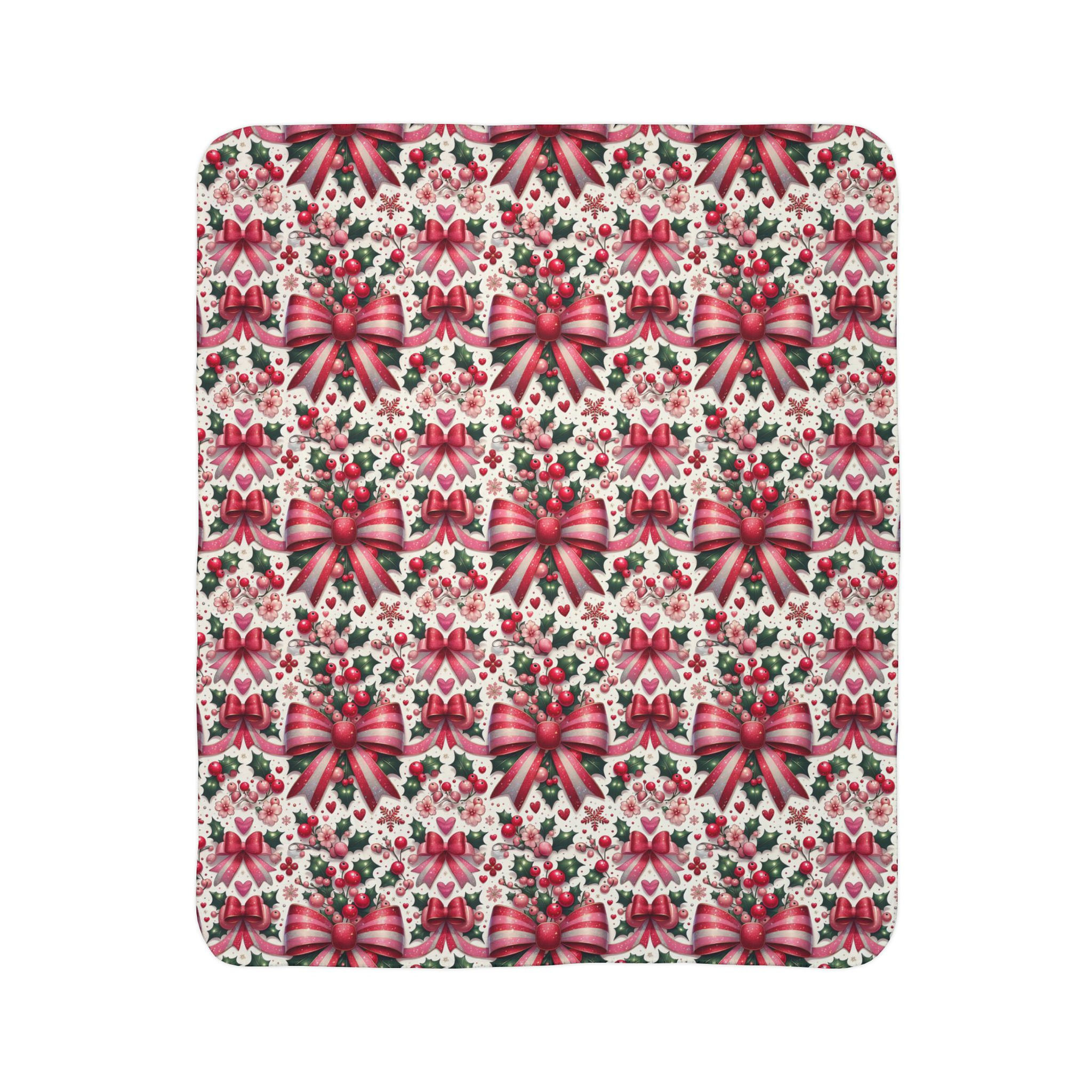 Sherpa Blanket — Festive Red Bow & Holly Christmas Throw