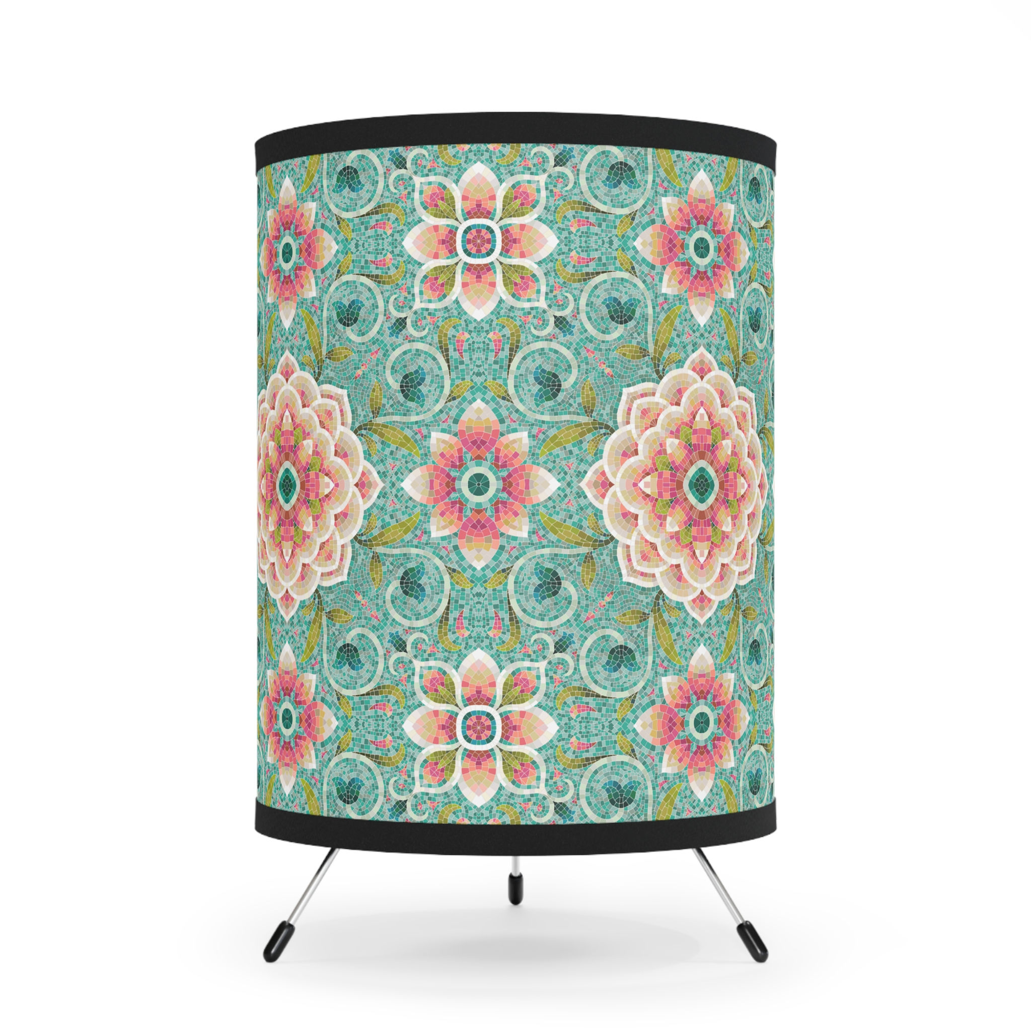Mosaic Tile Blush/Green Tripod Lamp with High-Res Floral Shade