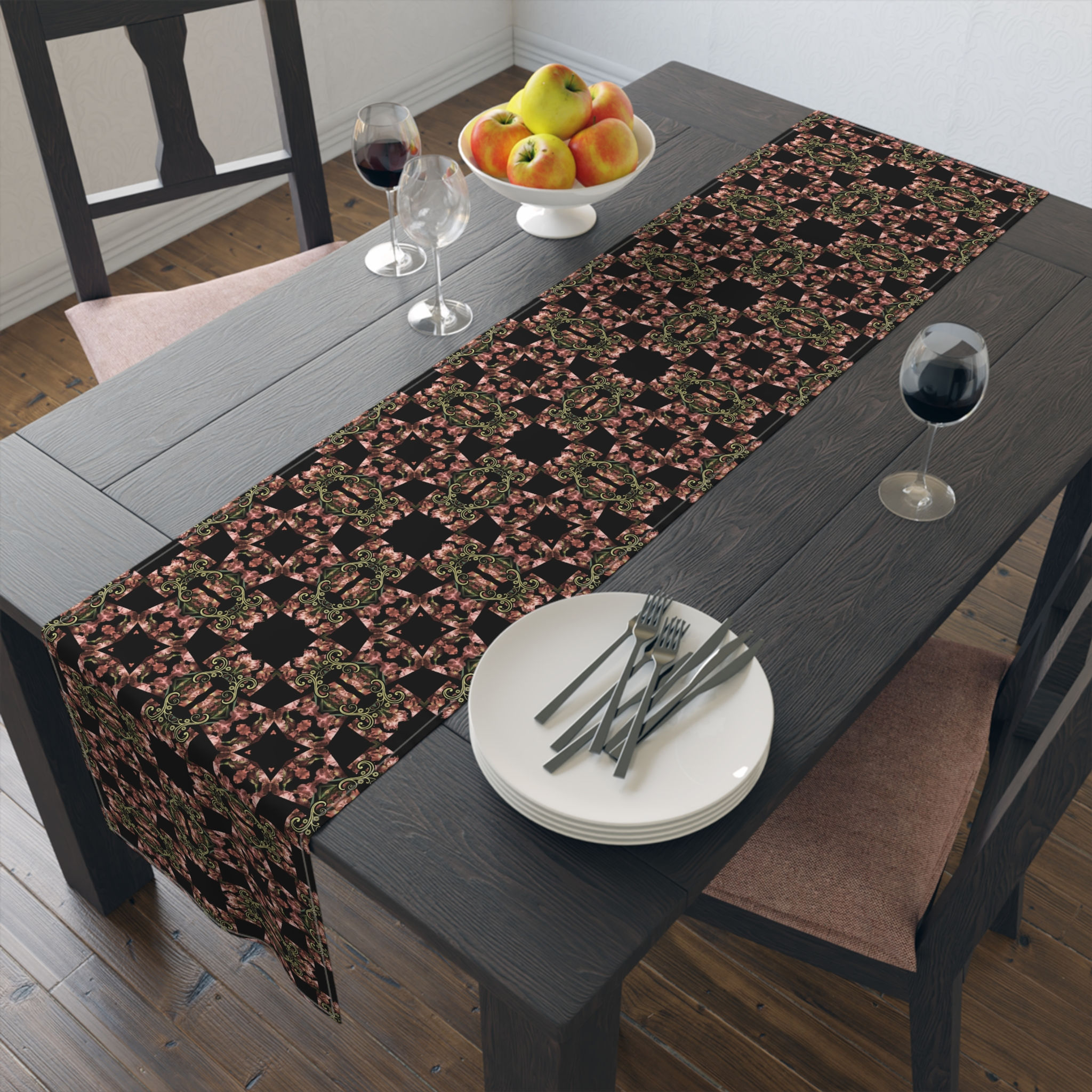 Bohemian Floral Mosaic Table Runner – Black & Rose Cotton-Poly Accent