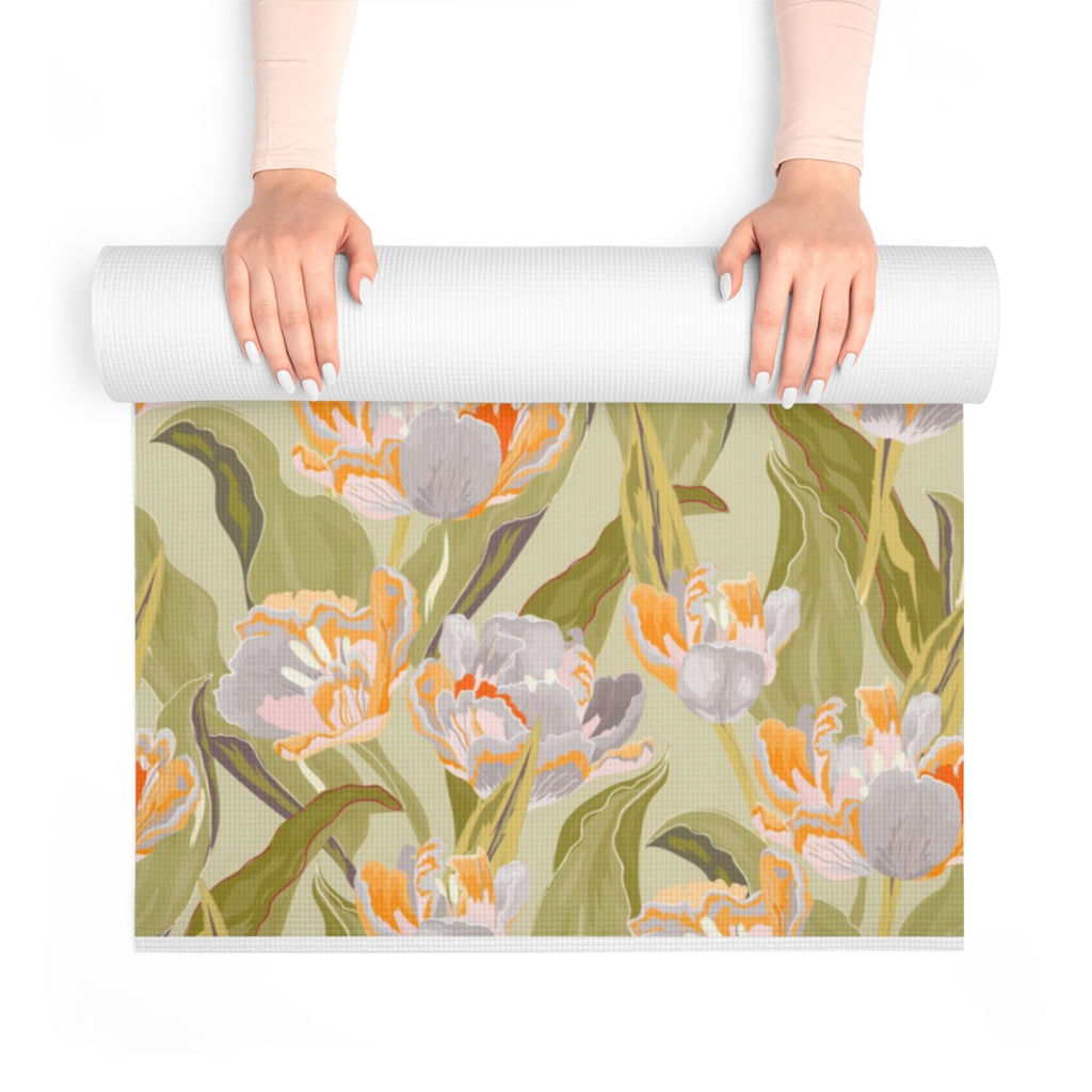 Watercolor Tulips Soft Green Foam Yoga Mat