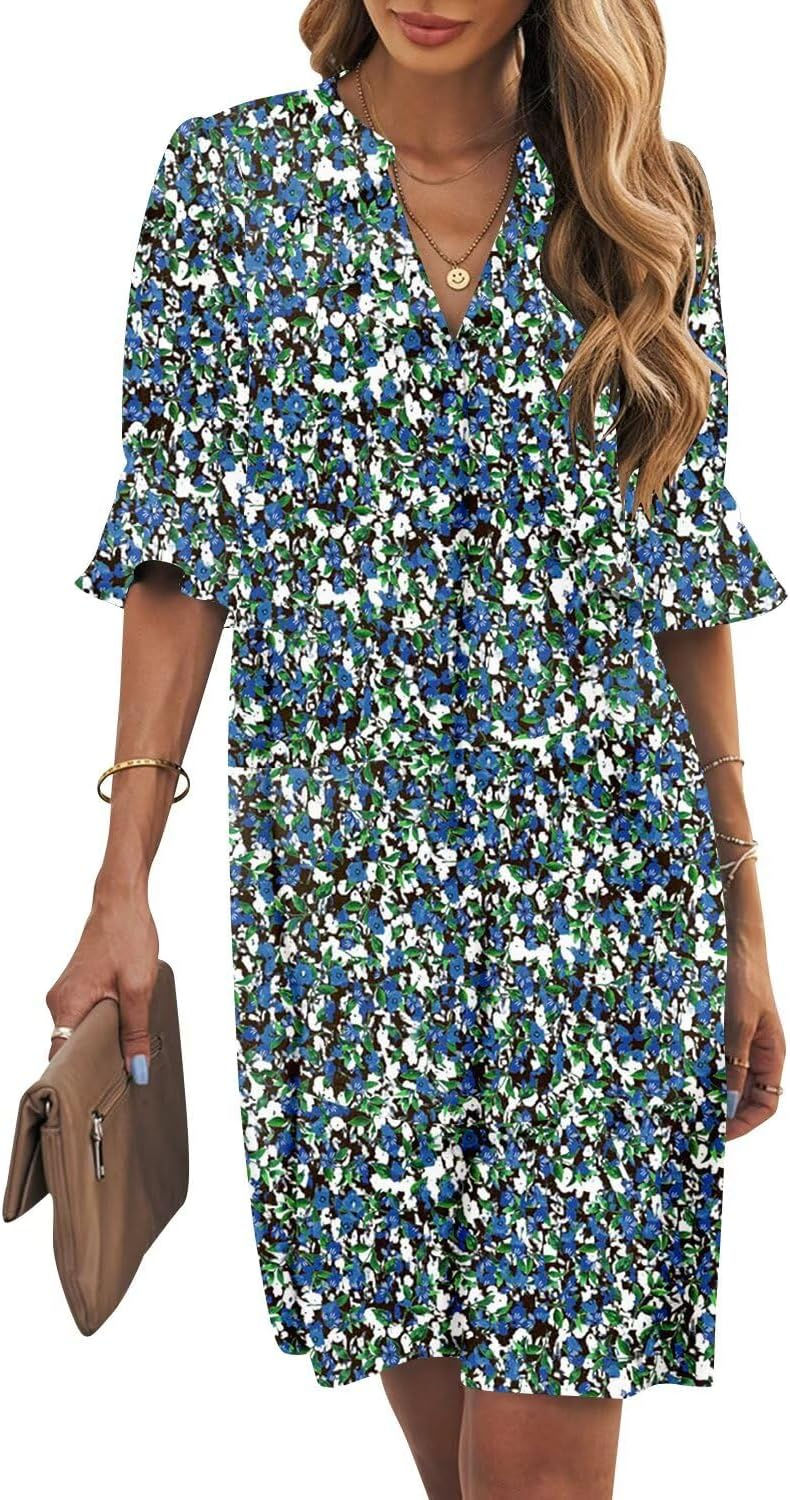 Thumbnail: Shift Dress for Women V Neck Short Sleeves Solid Color Casual Flowy Summer Dres