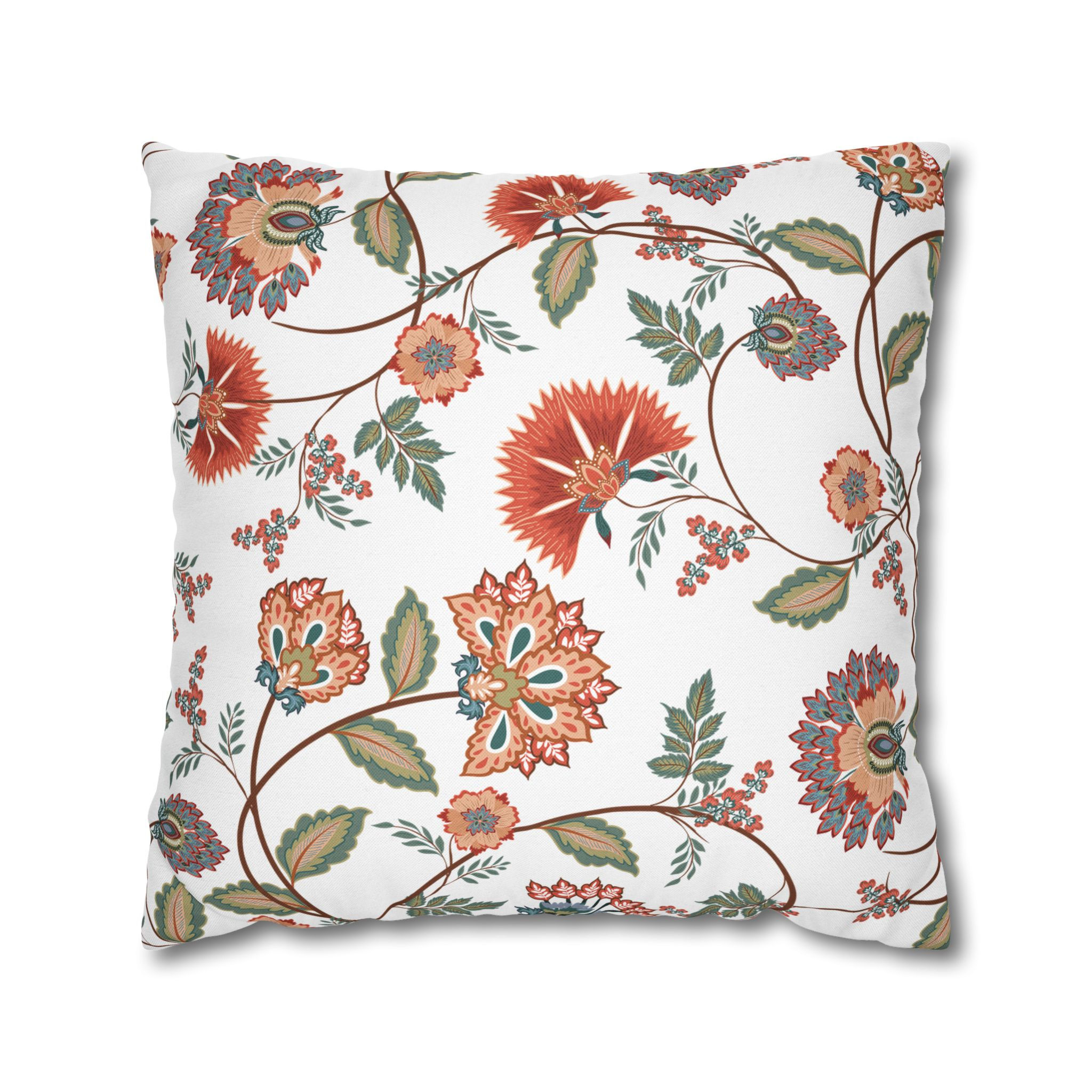 Floral Vine Decorative Pillowcase — Boho Red & Green Botanical Throw