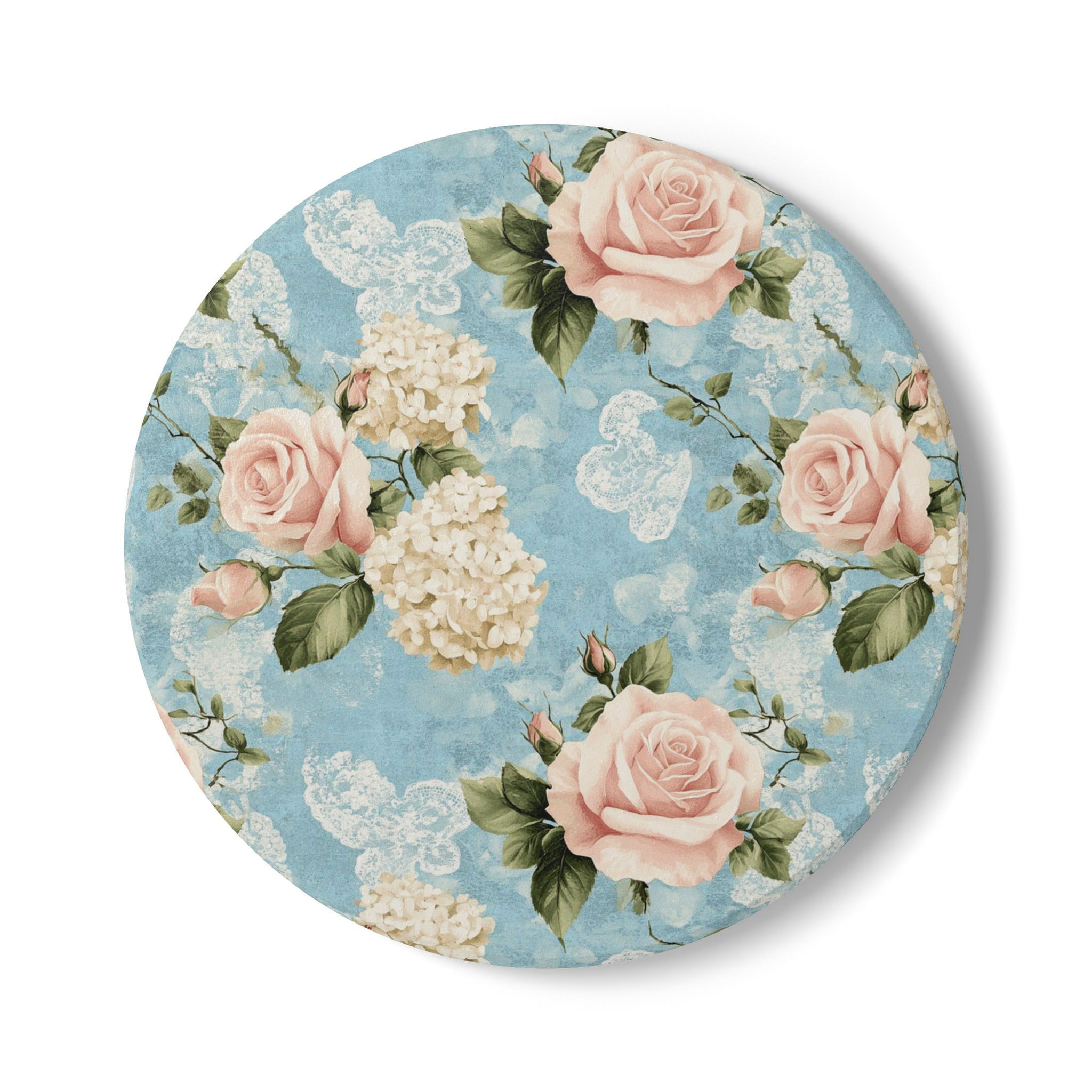 French Blue Rose Vintage Floral Ceramic Coaster 