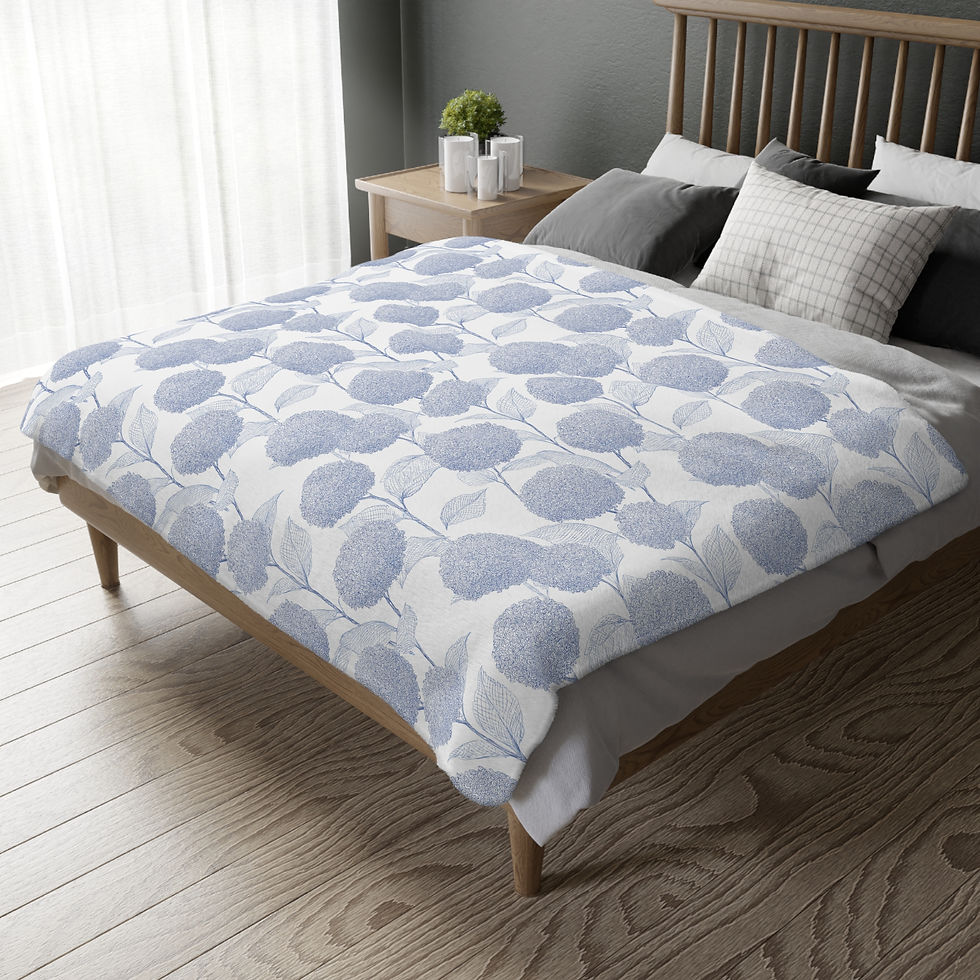 Thumbnail: Blue Floral Velveteen Throw Blanket — Reversible Striped & Blossom 