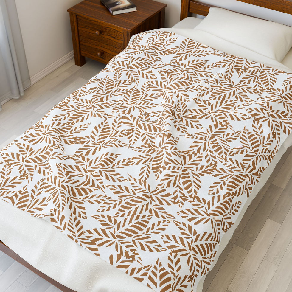 Thumbnail: Velveteen Plush Blanket — Beige Leaf Pattern Cozy Throw