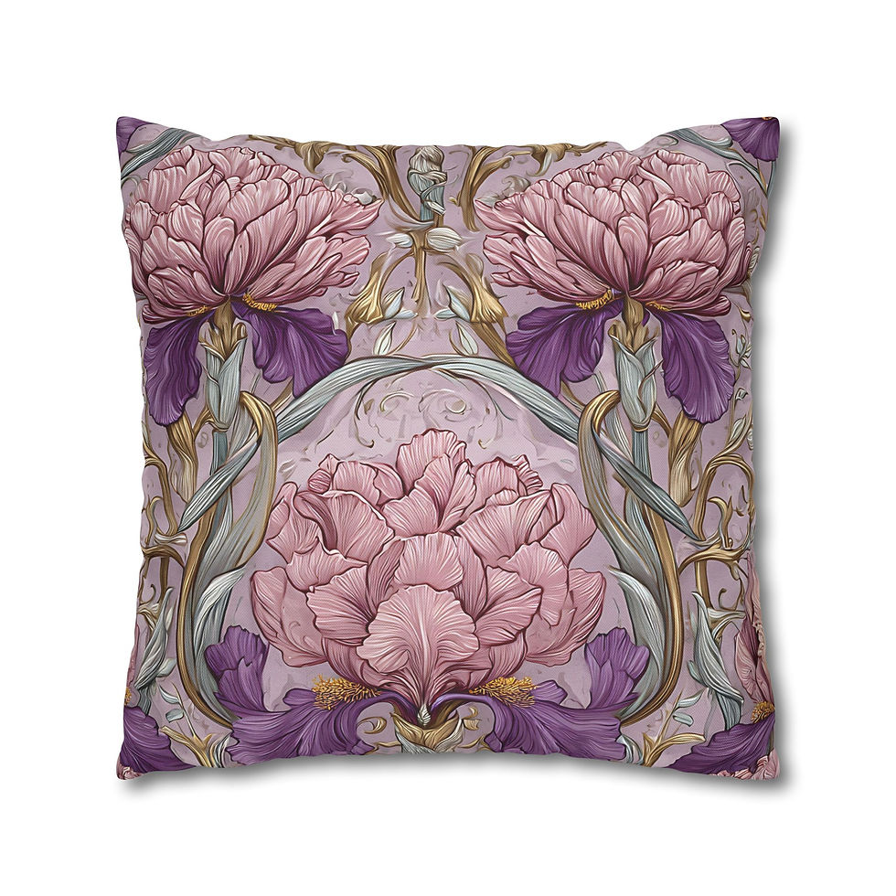 Thumbnail: Art Nouveau Floral Pillowcase — Pink Peony & Iris Decorative Square Pillow