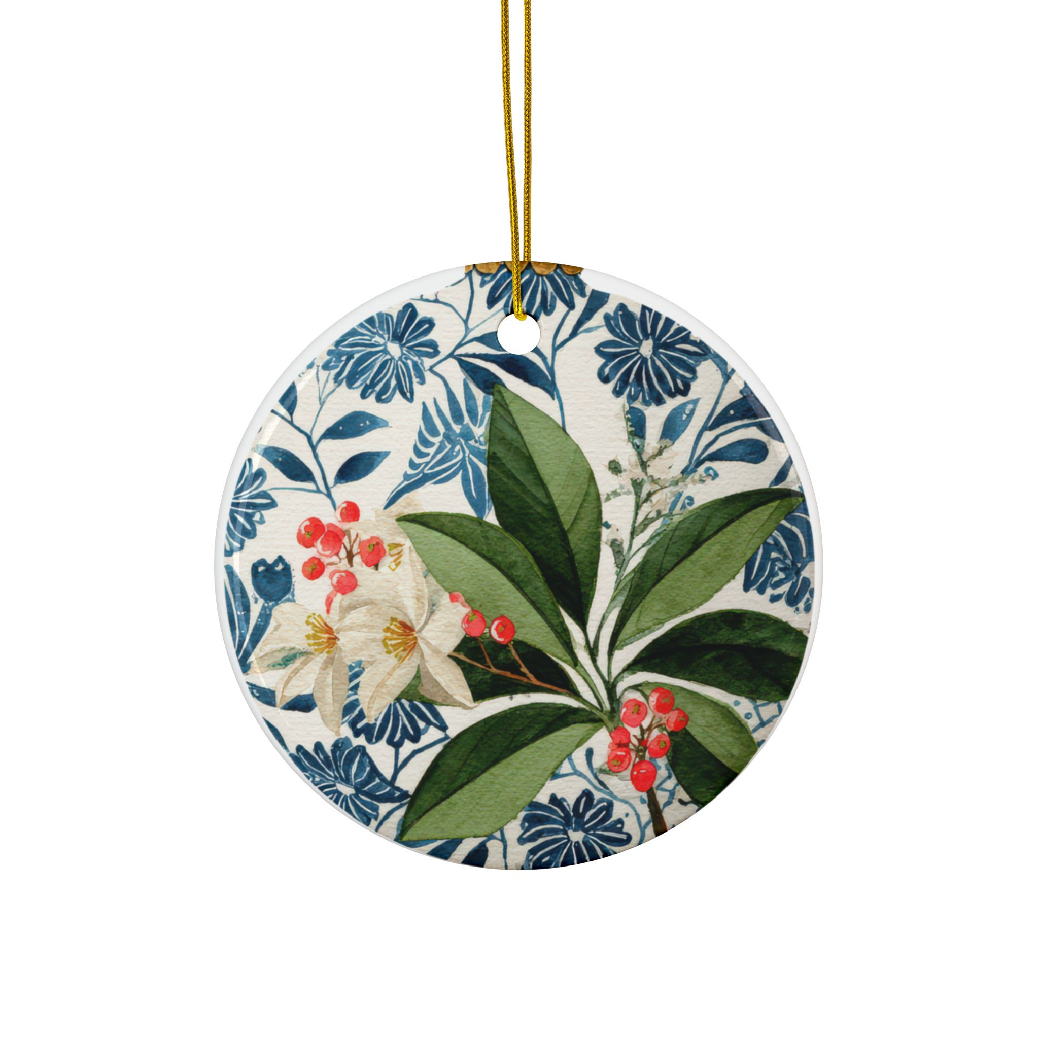 Botanical Floral Ceramic Ornament — Double-Sided Holiday Decor (Round)