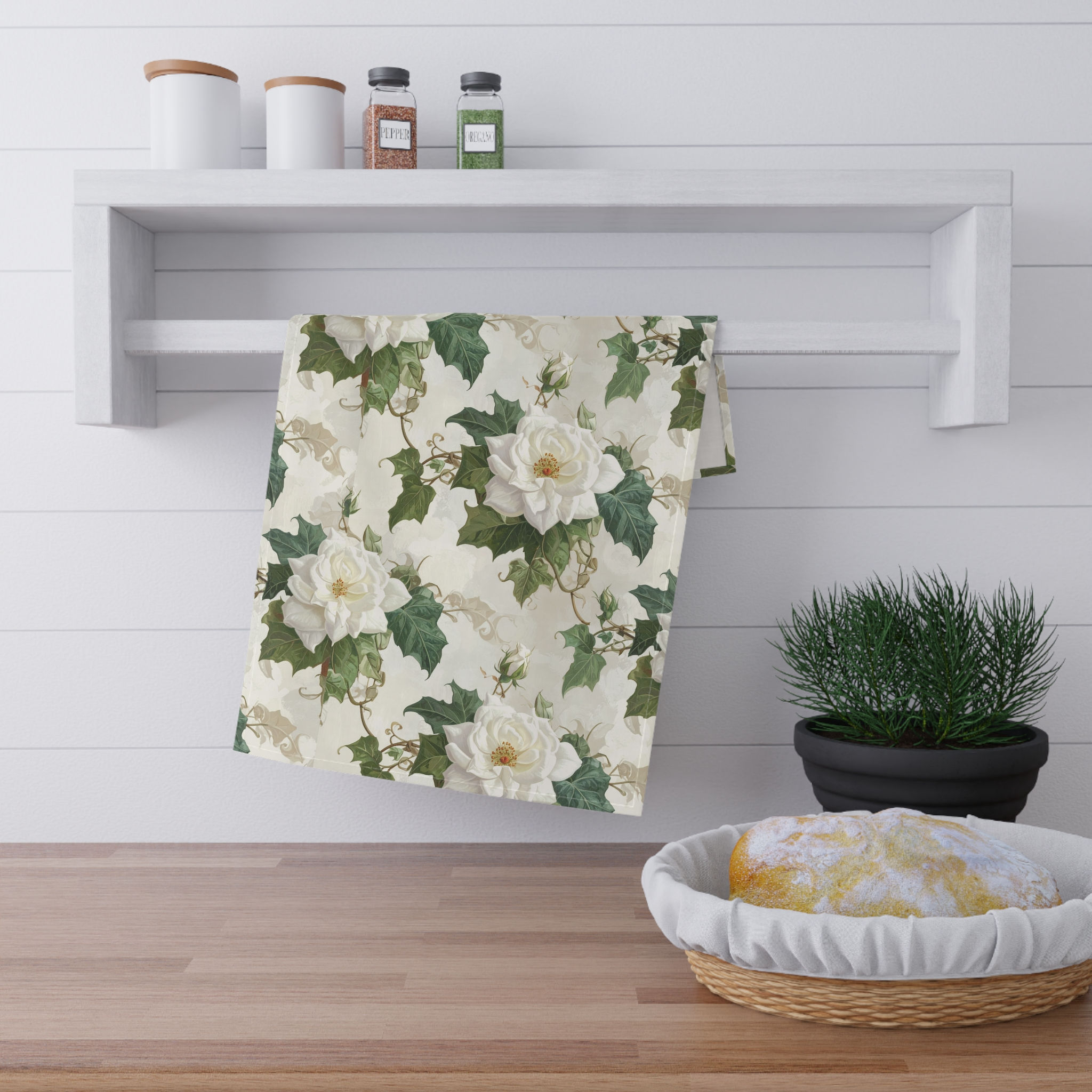 White Roses and Ivy Elegant  Tea Towels