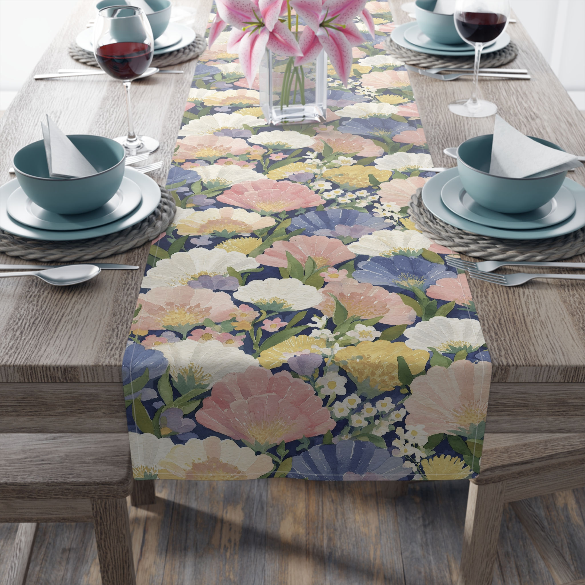 Floral Sringtime Watercolor Table Runner — Pastel Peony & Anemone Dining Decor
