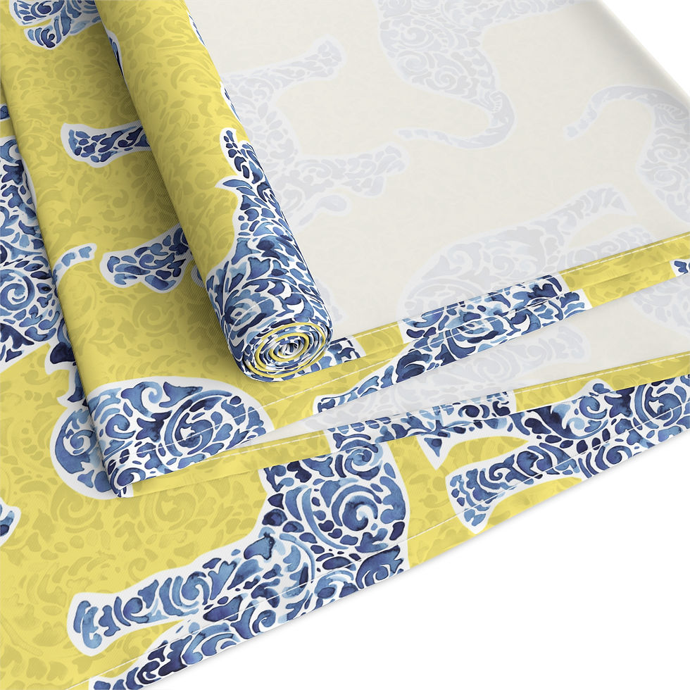 Thumbnail: Blue Elephant Pattern Table Runner — Yellow Cotton-Blend Dining Decor