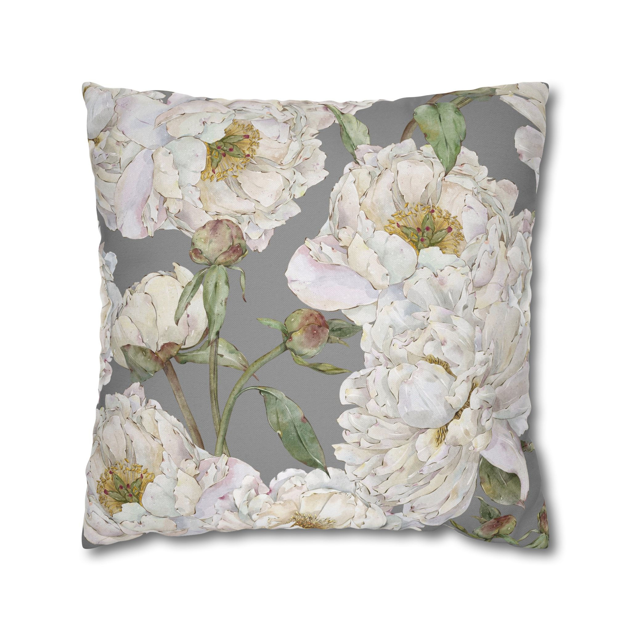 Floral Peony Pillowcase — White Peony Print Square Throw Pillow Cover