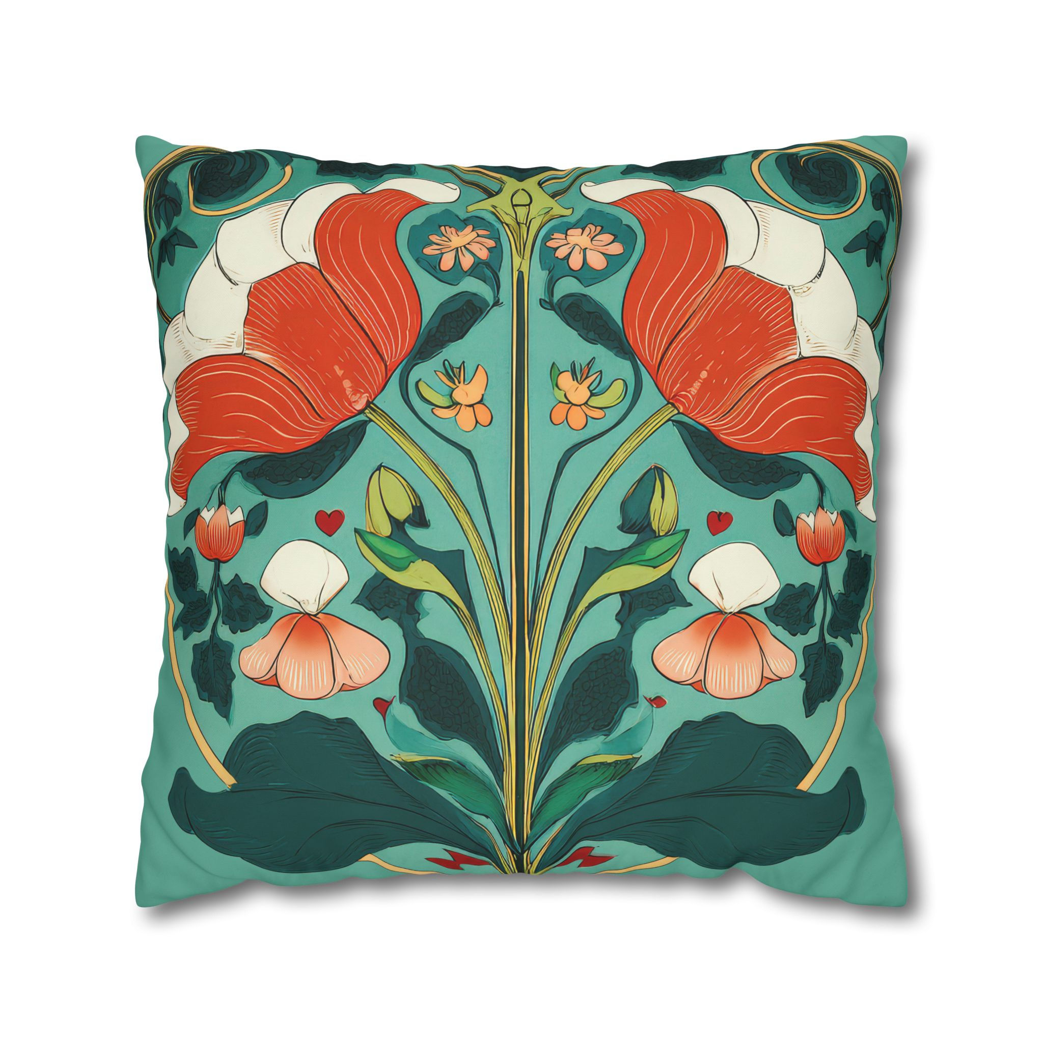 Art Nouveau Floral Throw Pillowcase — Teal & Coral Square Cushion Cover