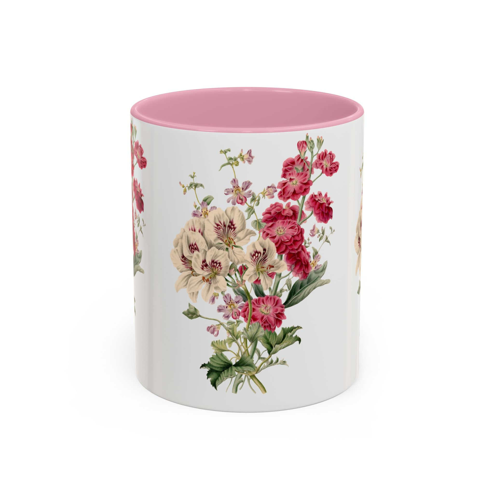 Vintage Floral Bouquet Ceramic Mug — Pink Interior Coffee Cup (11oz & 15oz)