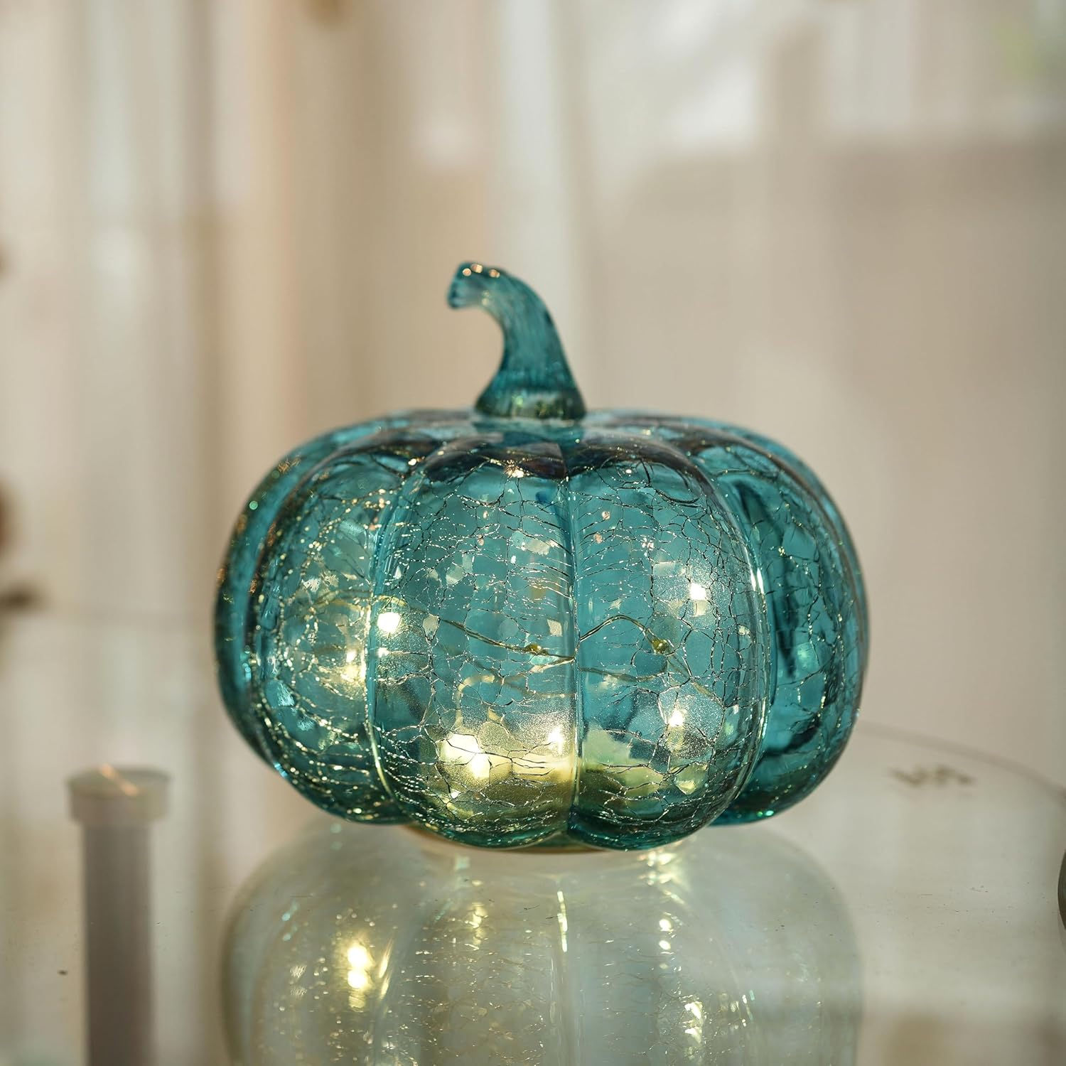 Aqua Crackle Glass Pumpkin Light with Timer