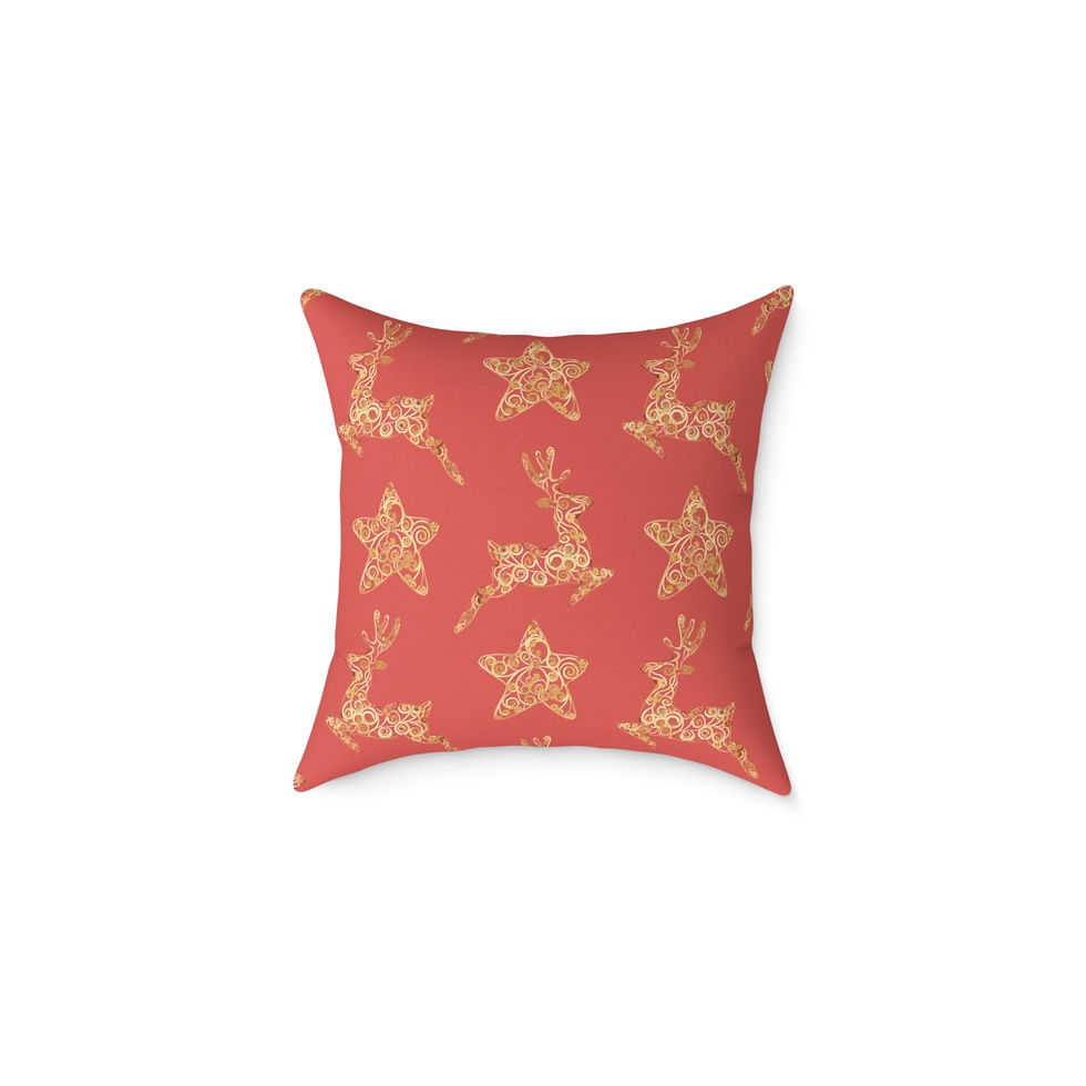 Thumbnail: Golden Reindeer and Stars (red) Spun Polyester Pillow