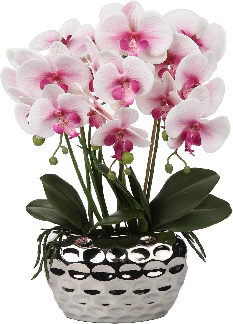 Thumbnail: Orchids Artificial Flowers 18" Pink Phalaenopsis Orchid with Silver Ceramic Pot