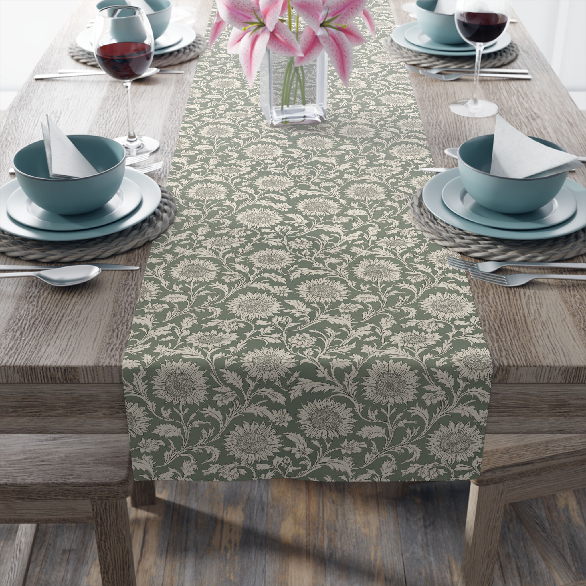 Green Floral Table Runner — Botanical Cotton-Blend Dining Decor