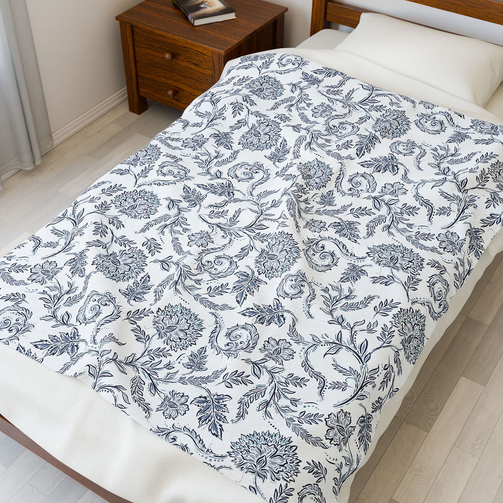 Thumbnail: Velveteen Plush Blanket — Vintage Blue Floral Throw