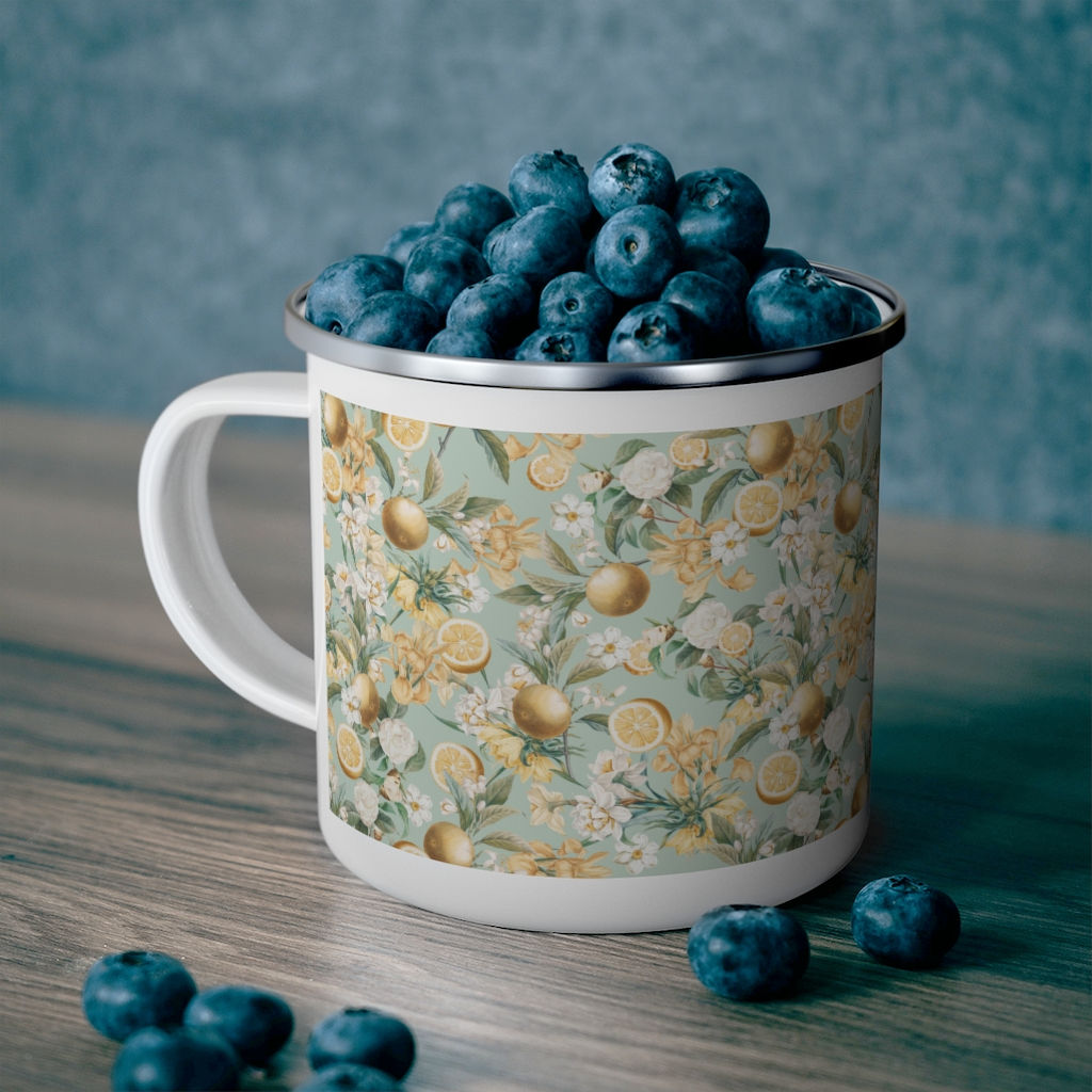 Traditional Lemon and floral on Sage Enamel Camping Mug