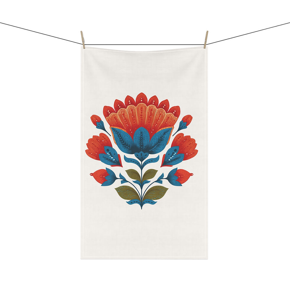 Thumbnail: Folk Floral Cotton Tea Towel — Red & Blue Scandinavian Kitchen Towel