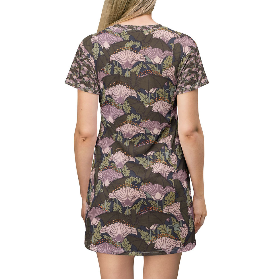 Thumbnail: Art Nouveau Floral and Bats Women's Tee Shirt Dress