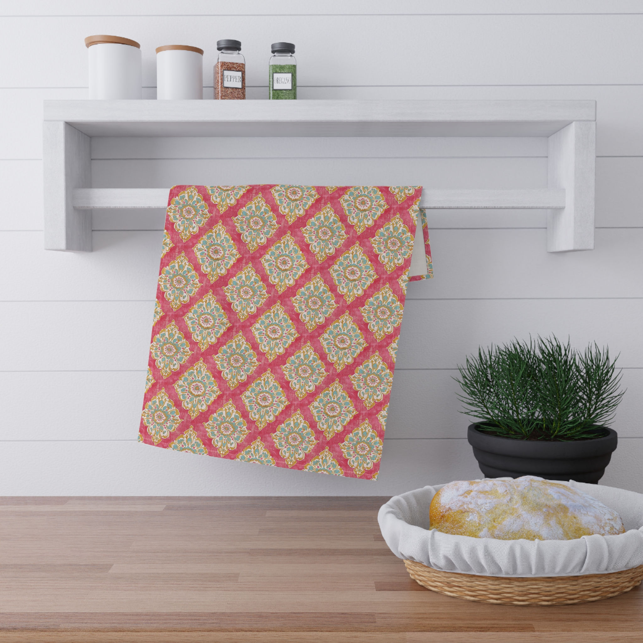 Bohemian Floral Diamond Cotton Tea Towel — Pink & Gold Kitchen Towel
