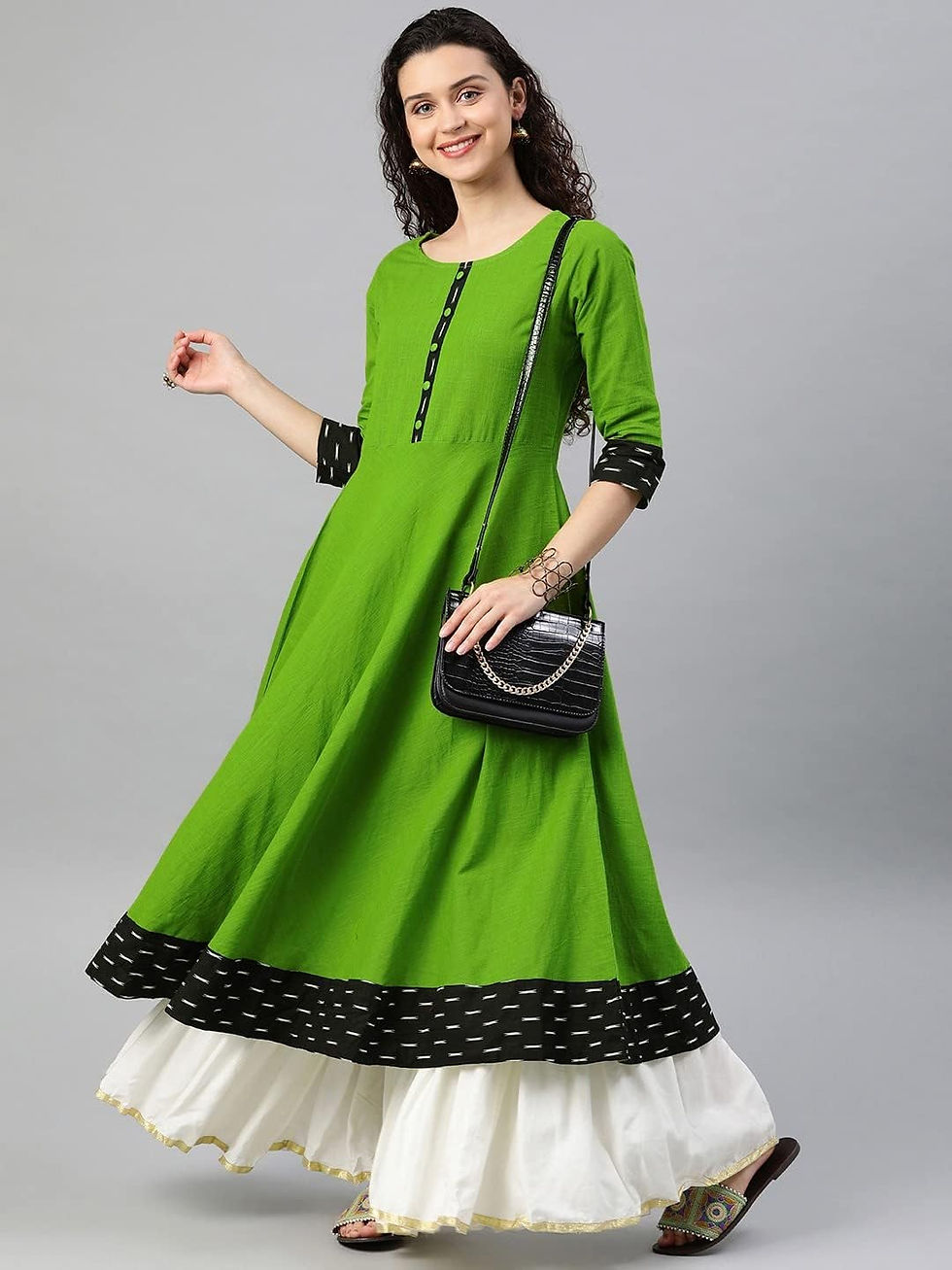 Thumbnail: Yash Gallery Women's Cotton Solid Round Neck and 3/4 Sleeve Indian Anarkali Kur