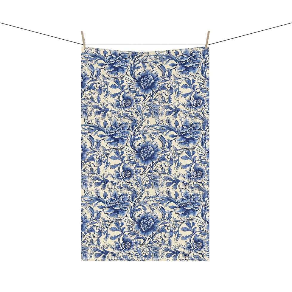 Thumbnail: Blue Floral Toile Cotton Tea Towel – Vintage Botanical Kitchen Linen
