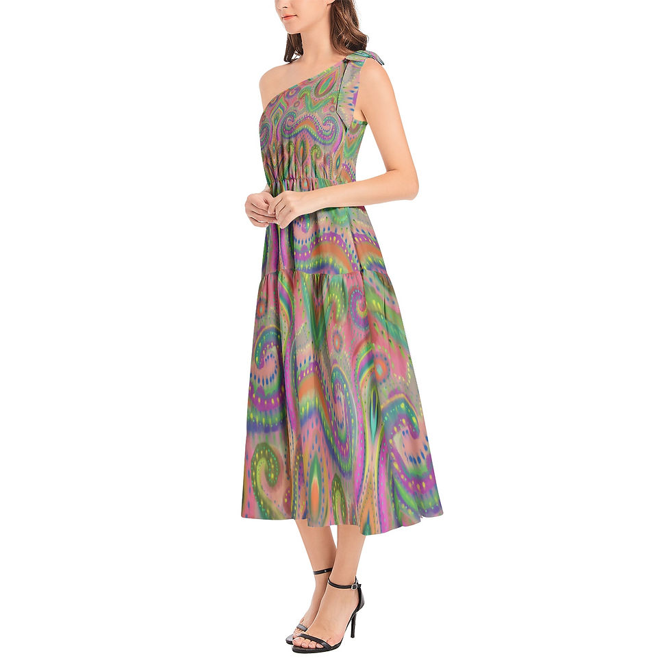 Thumbnail: Paisley Colors Ruffle Hem One Shoulder Midi Dress