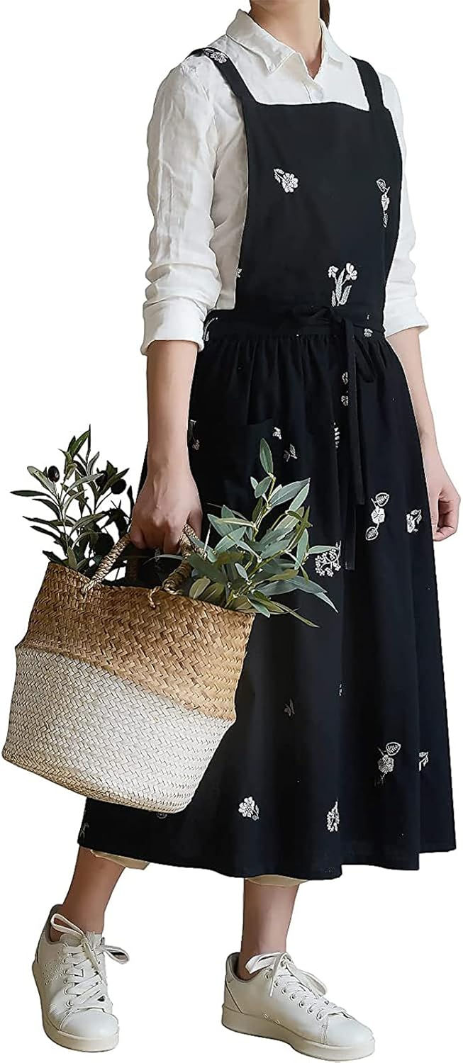 Thumbnail: Trendy Women's Cross Back Cotton Pinafore Apron with Pockets