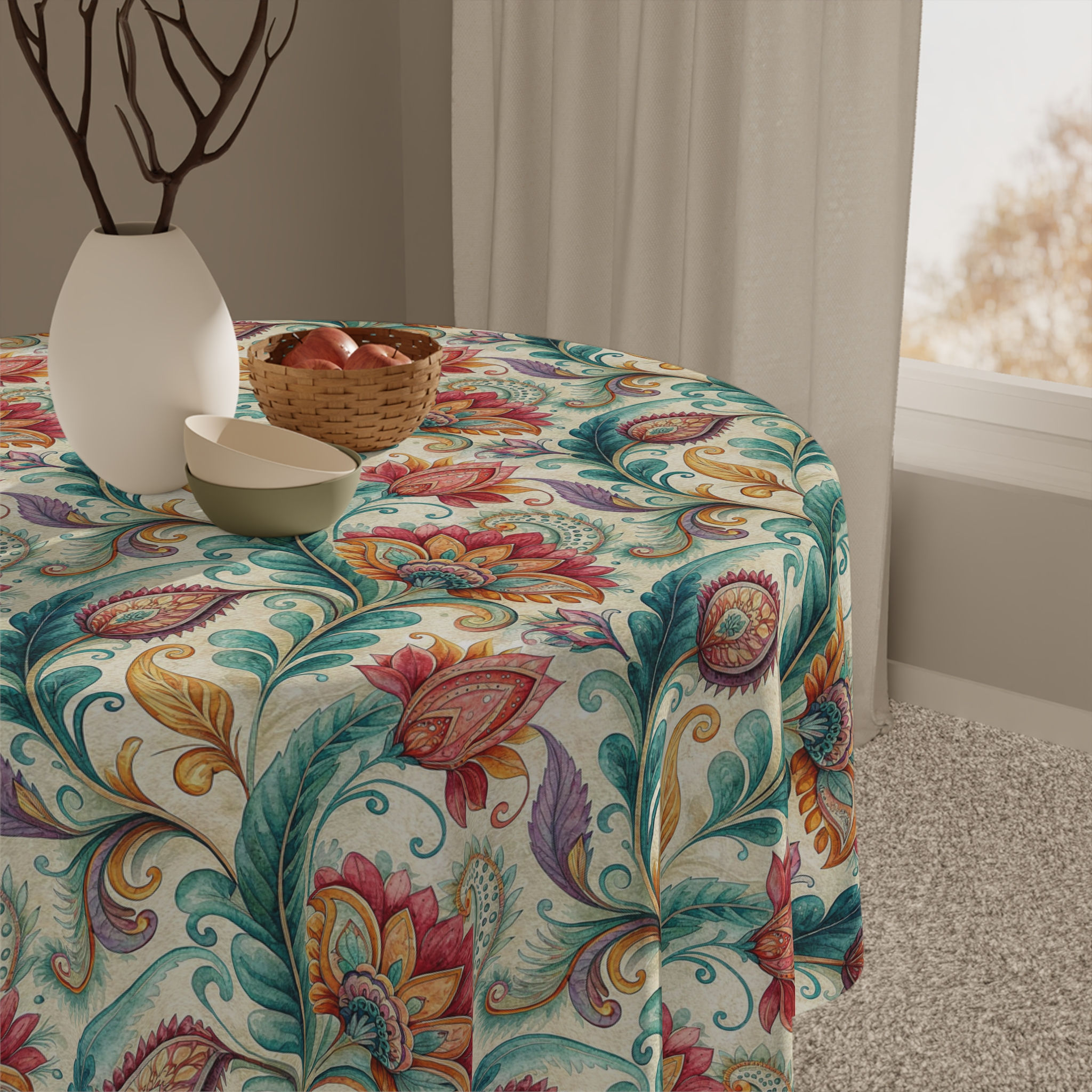 Summer Floral Paisley Tablecloth — Vintage Teal & Coral