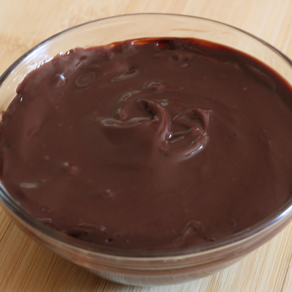 glass bowl of chocolate ganache.  The bowl is resting on a wood tabletop.