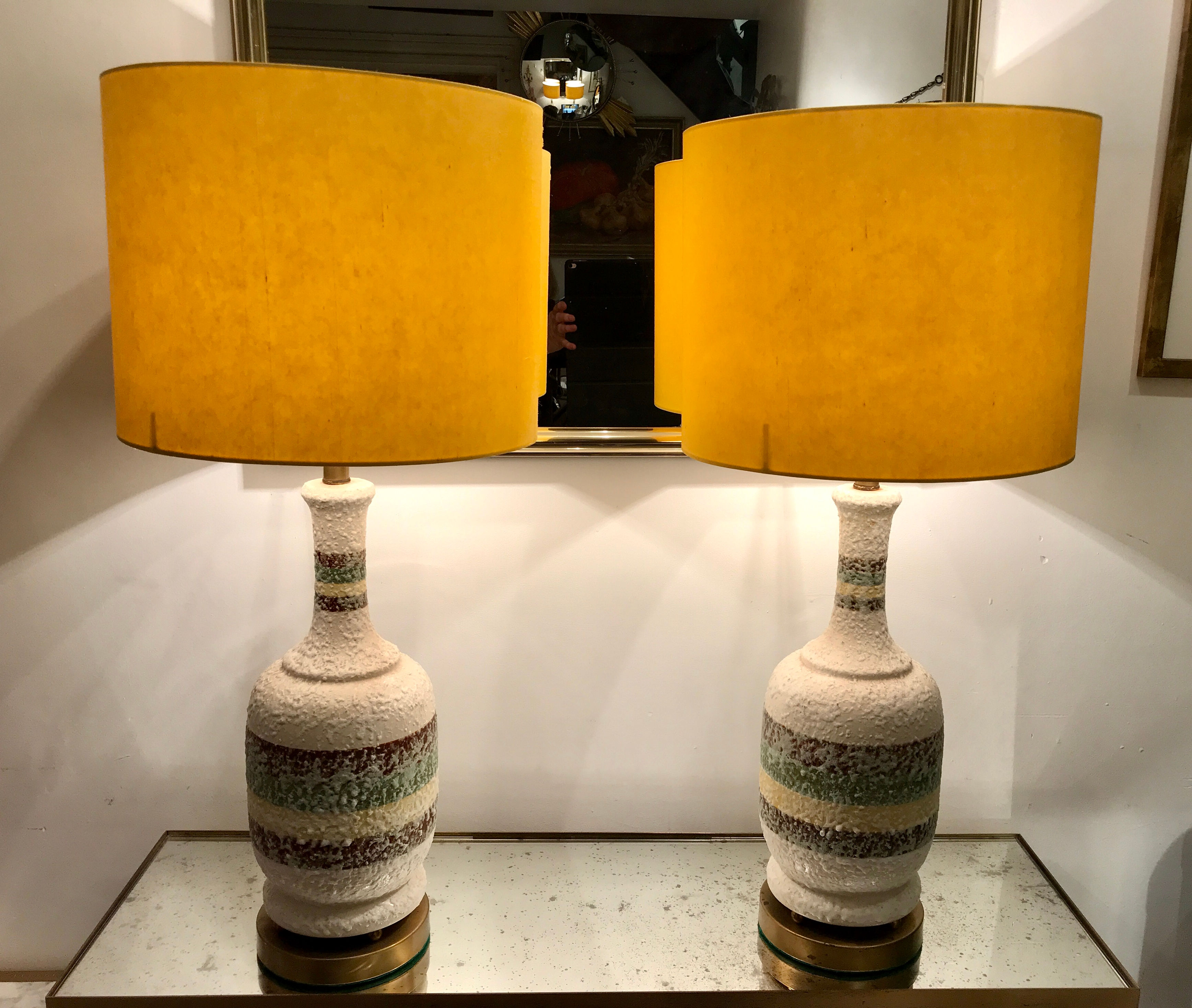 Pair Pale Striped Pottery Lamps & Shades