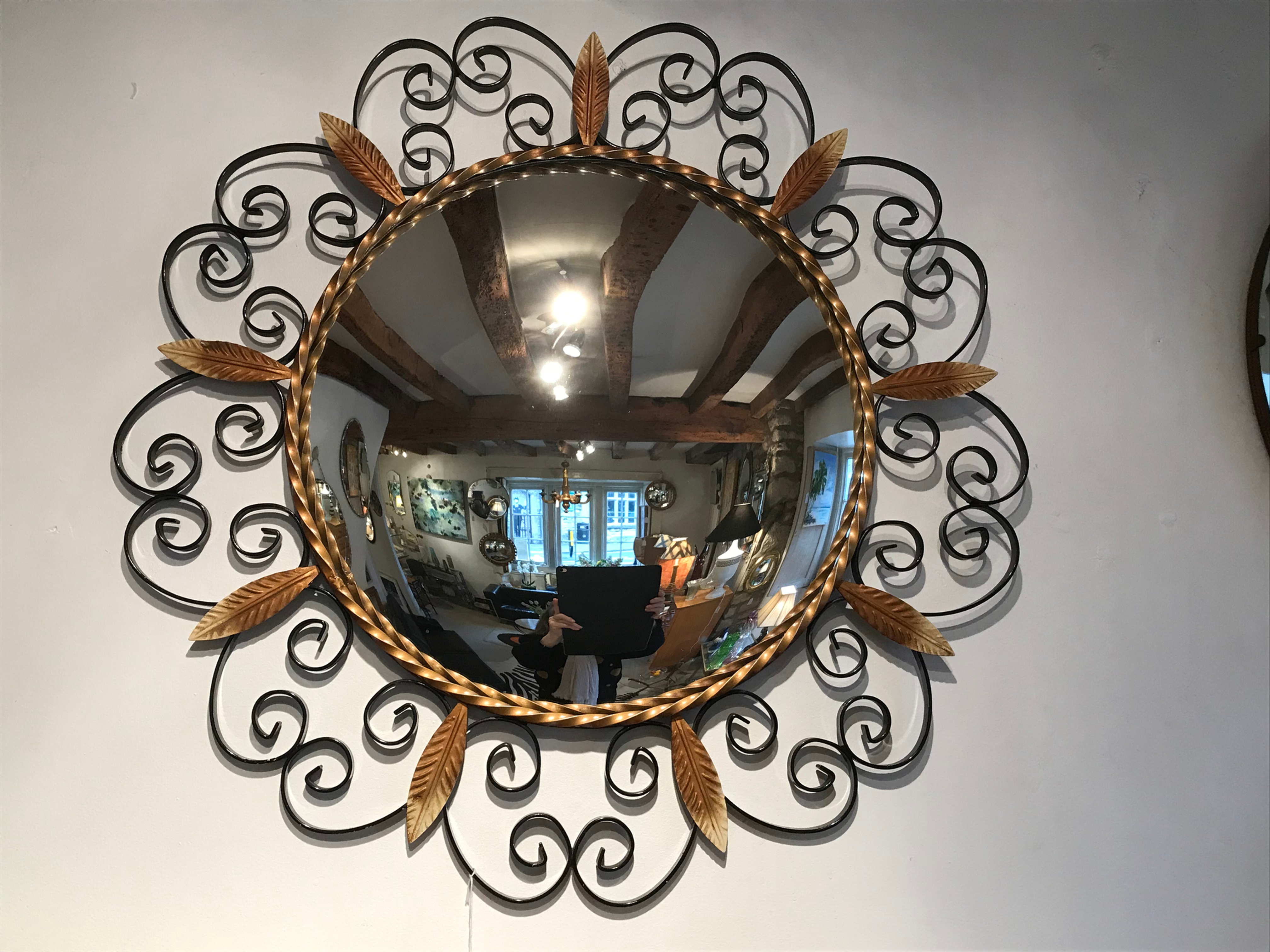 SOLD - Very Large 1950's Wrought Iron Convex Mirror Black & Gold