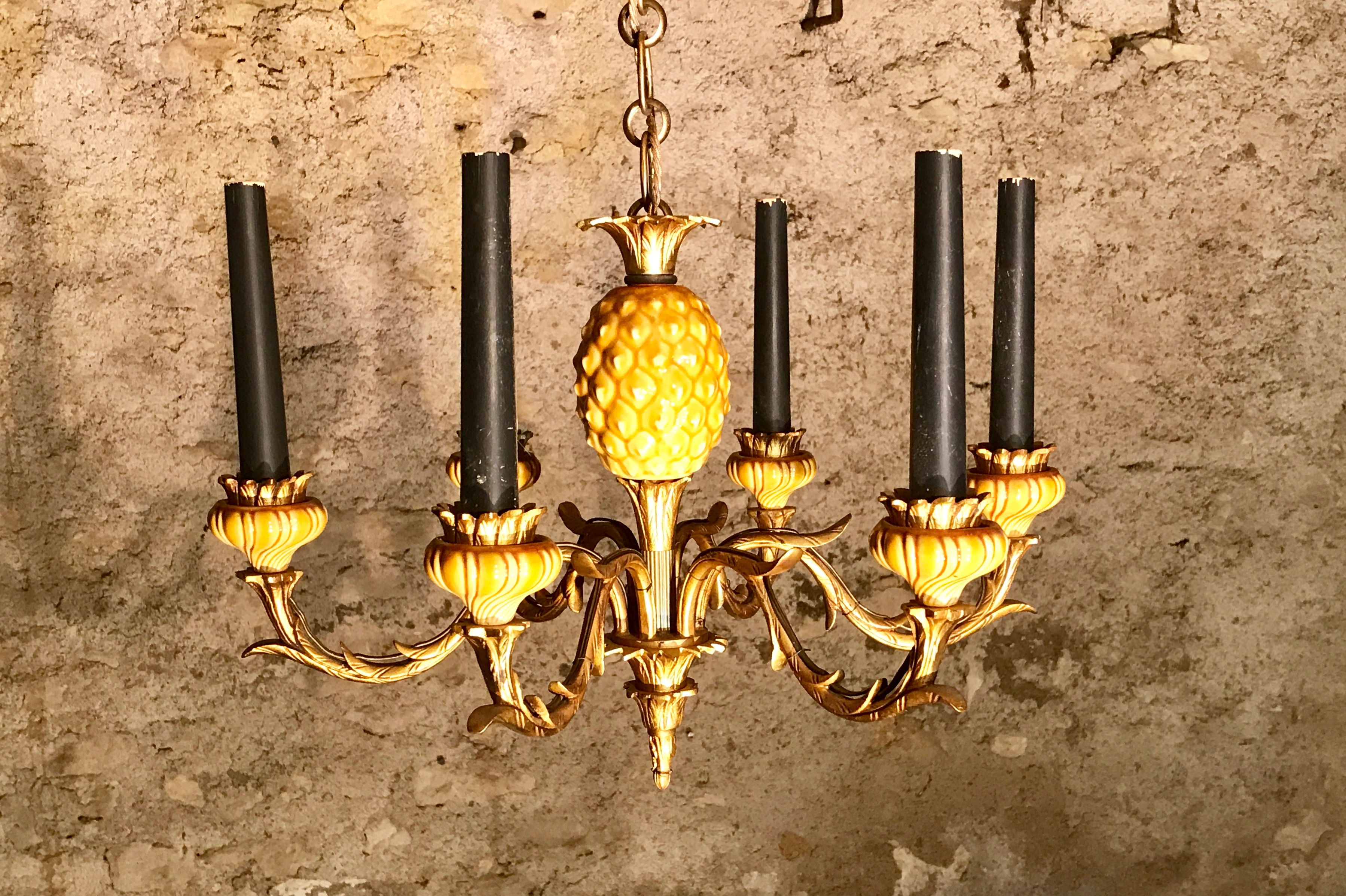 Six-Branch Gilt Bronze Chandelier with Glazed Pottery Pineapple.