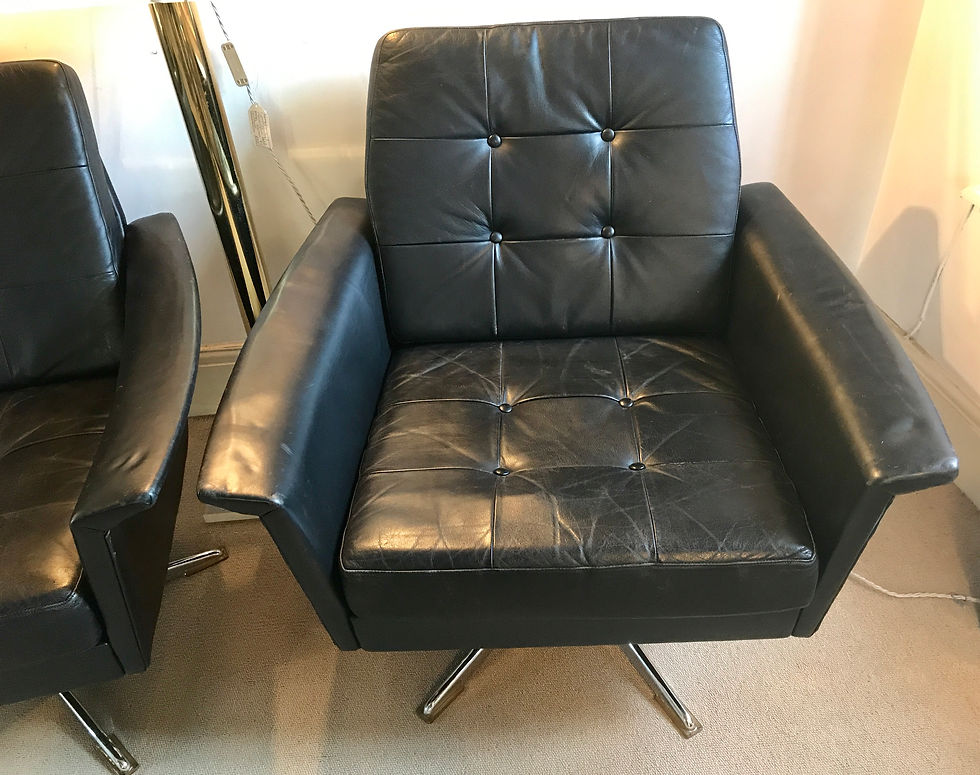Thumbnail: Pair Continental Black Leather Swivel Armchairs
