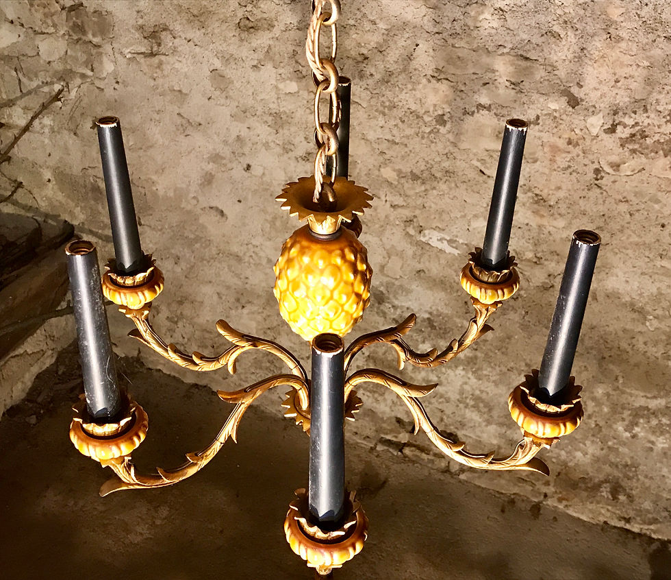 Thumbnail: Six-Branch Gilt Bronze Chandelier with Glazed Pottery Pineapple.
