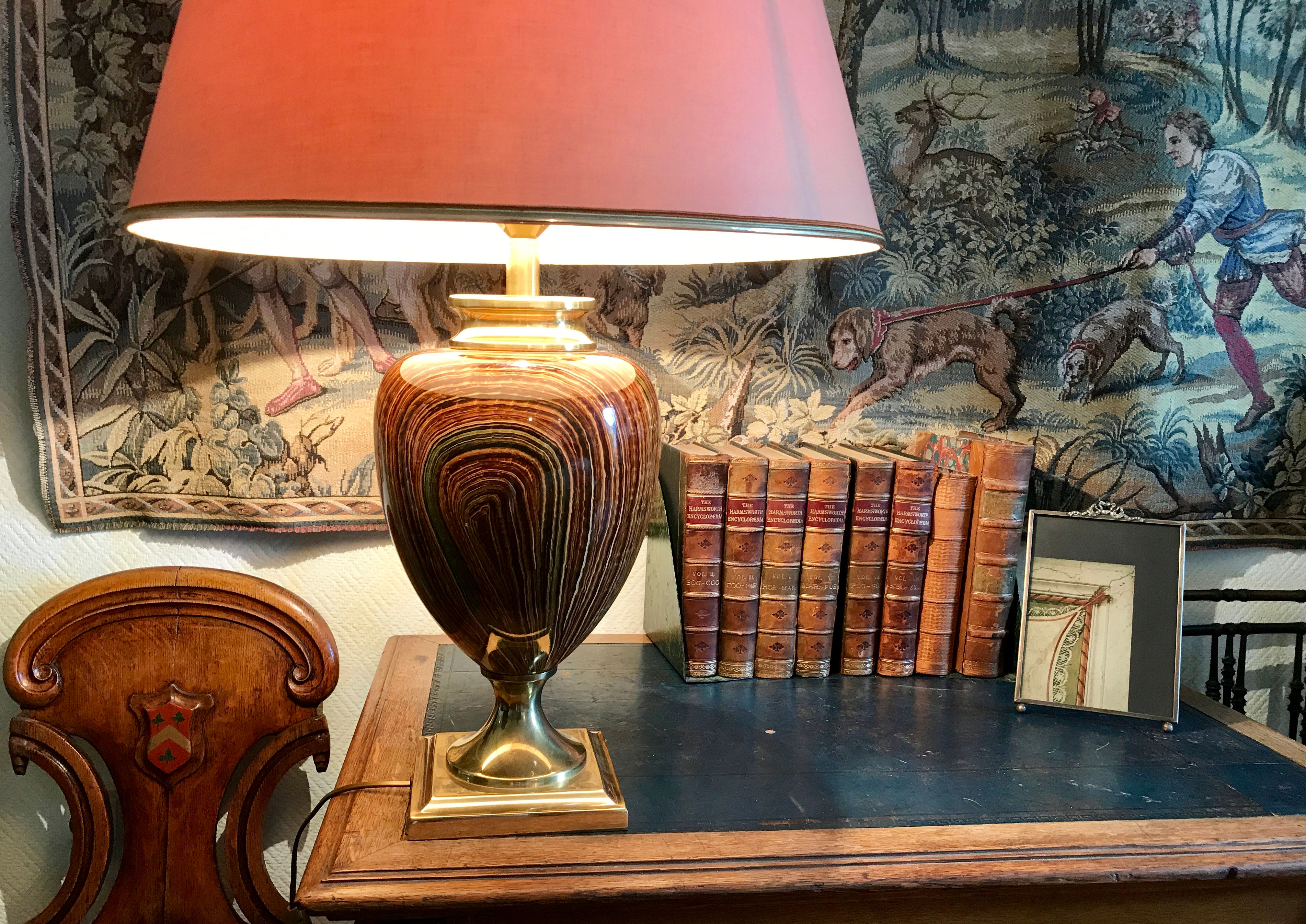 Brass and Faux Bois Ceramic Urn Lamp by Le Dauphin