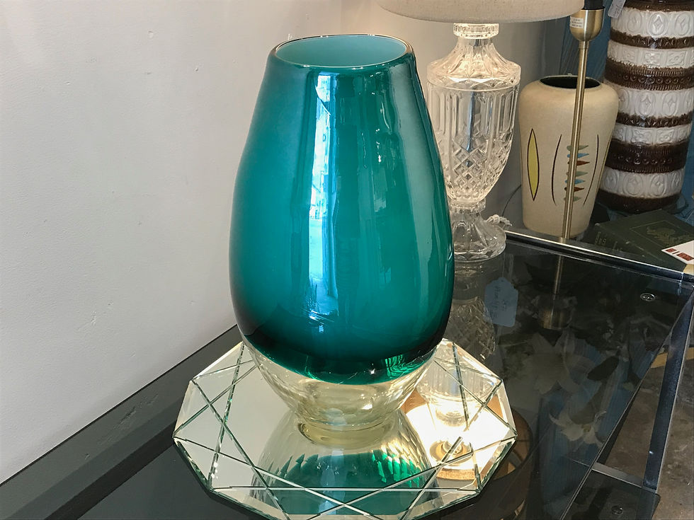 Thumbnail: SOLD - Rare Art Glass Sommerso Green With Textured Clear Large Vase Italian