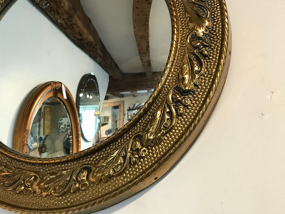 Thumbnail: SOLD - 1930's Embossed brass Convex Mirror 17 Inch